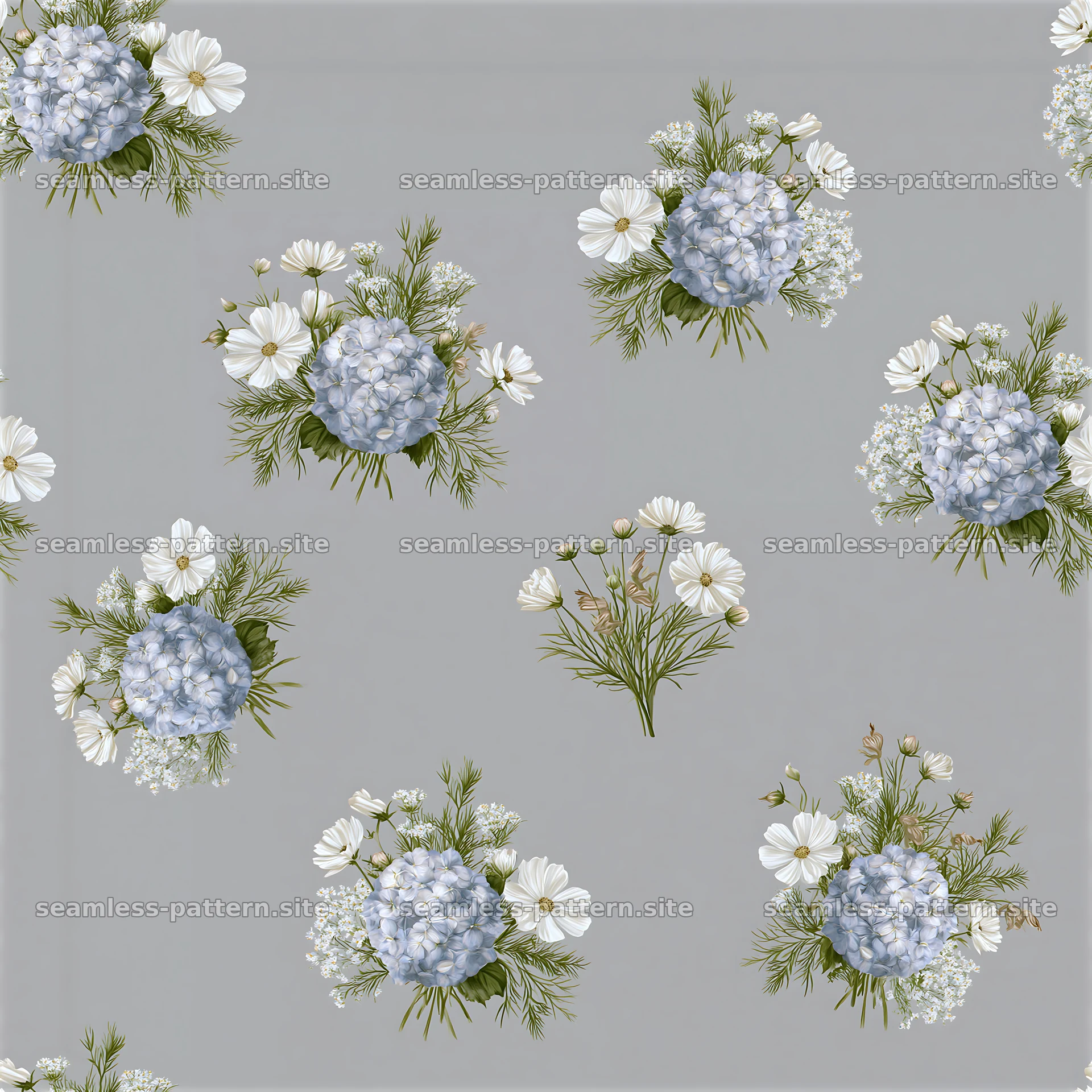 Flower bouquet repeat pattern on gray background — seamless tileable pattern at 8192x8192
