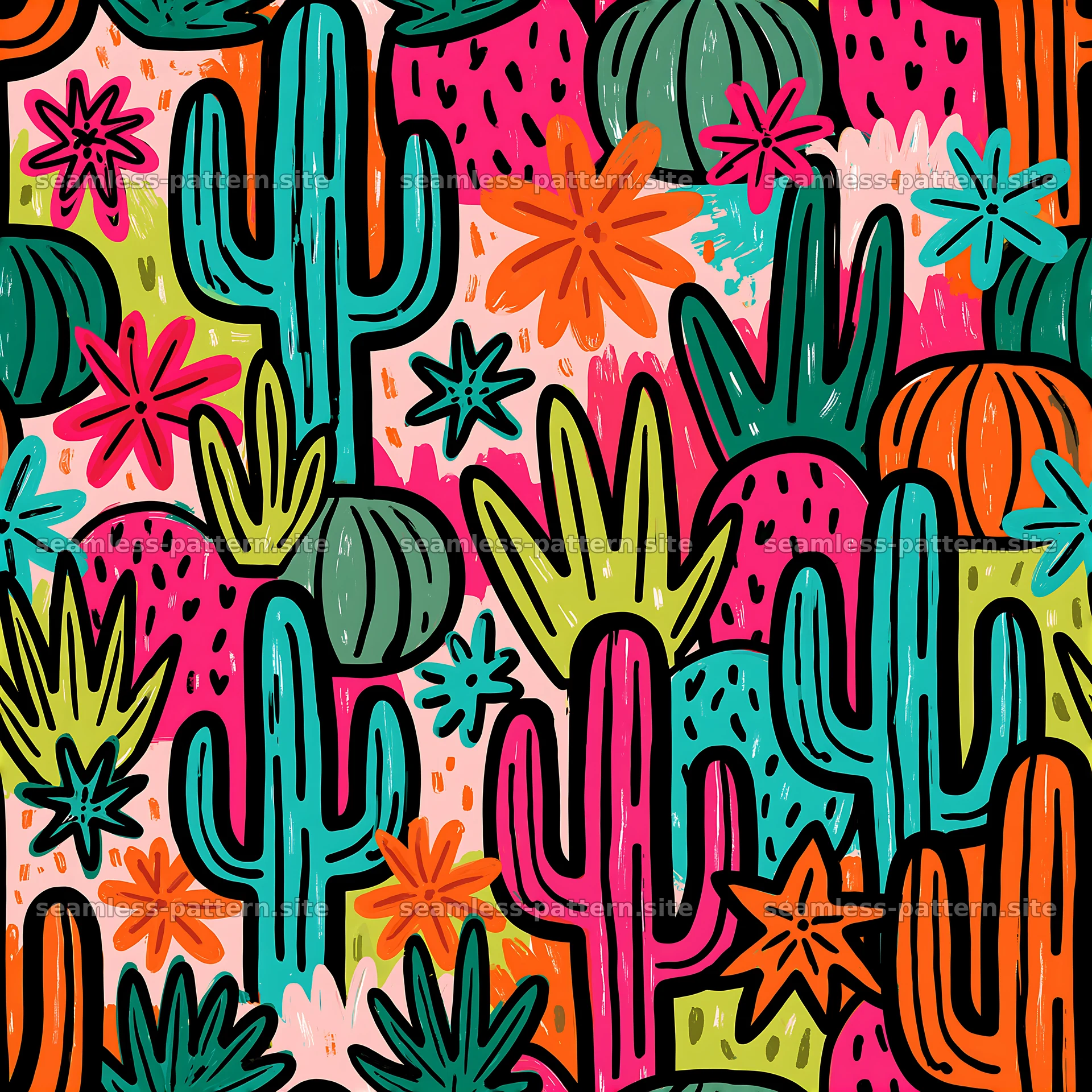 Colorful desert plants with shapes and patterns in a seamless layout — seamless tileable pattern at 8192x8192