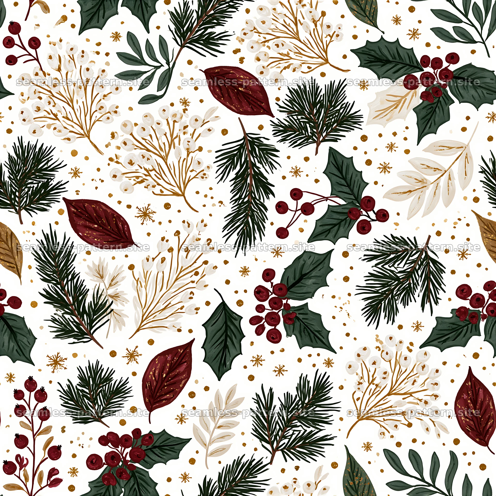 Seamless Holiday Botanical Pattern with Holly and Pine — seamless tileable pattern at 8192x8192