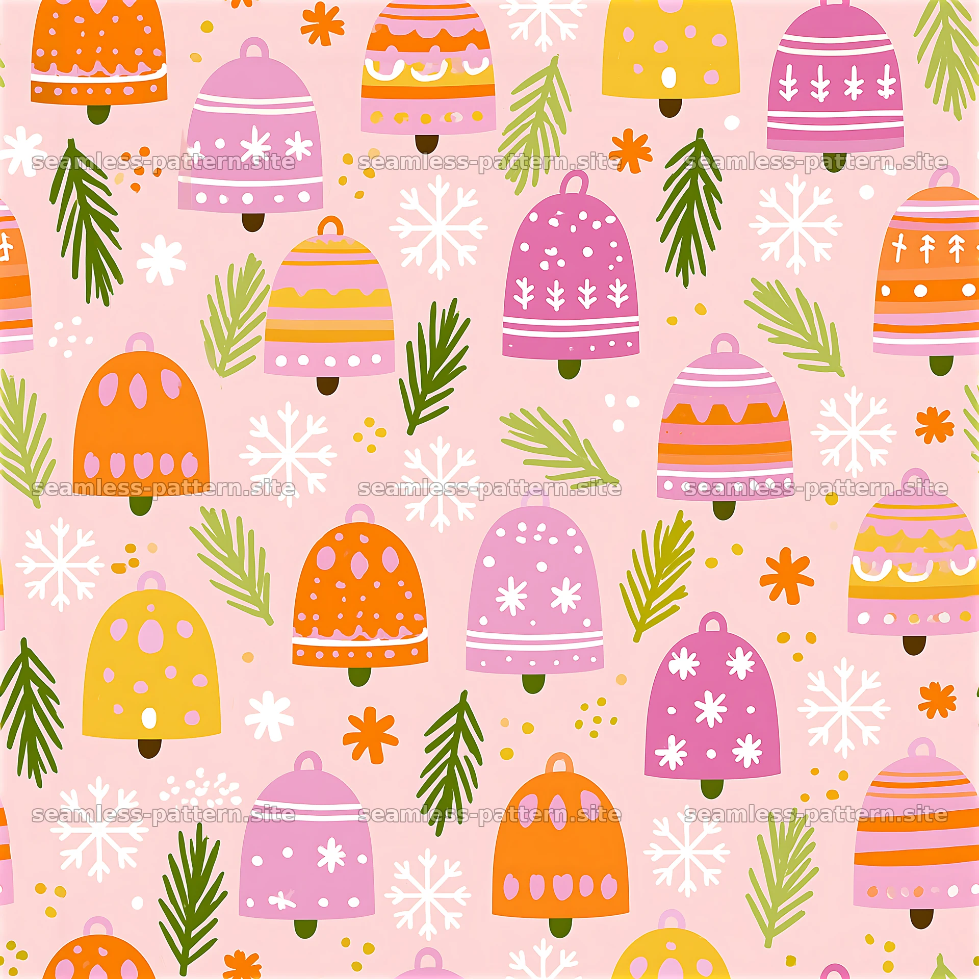 Colorful seamless pattern of Christmas bells on a pink background — seamless tileable pattern at 8192x8192