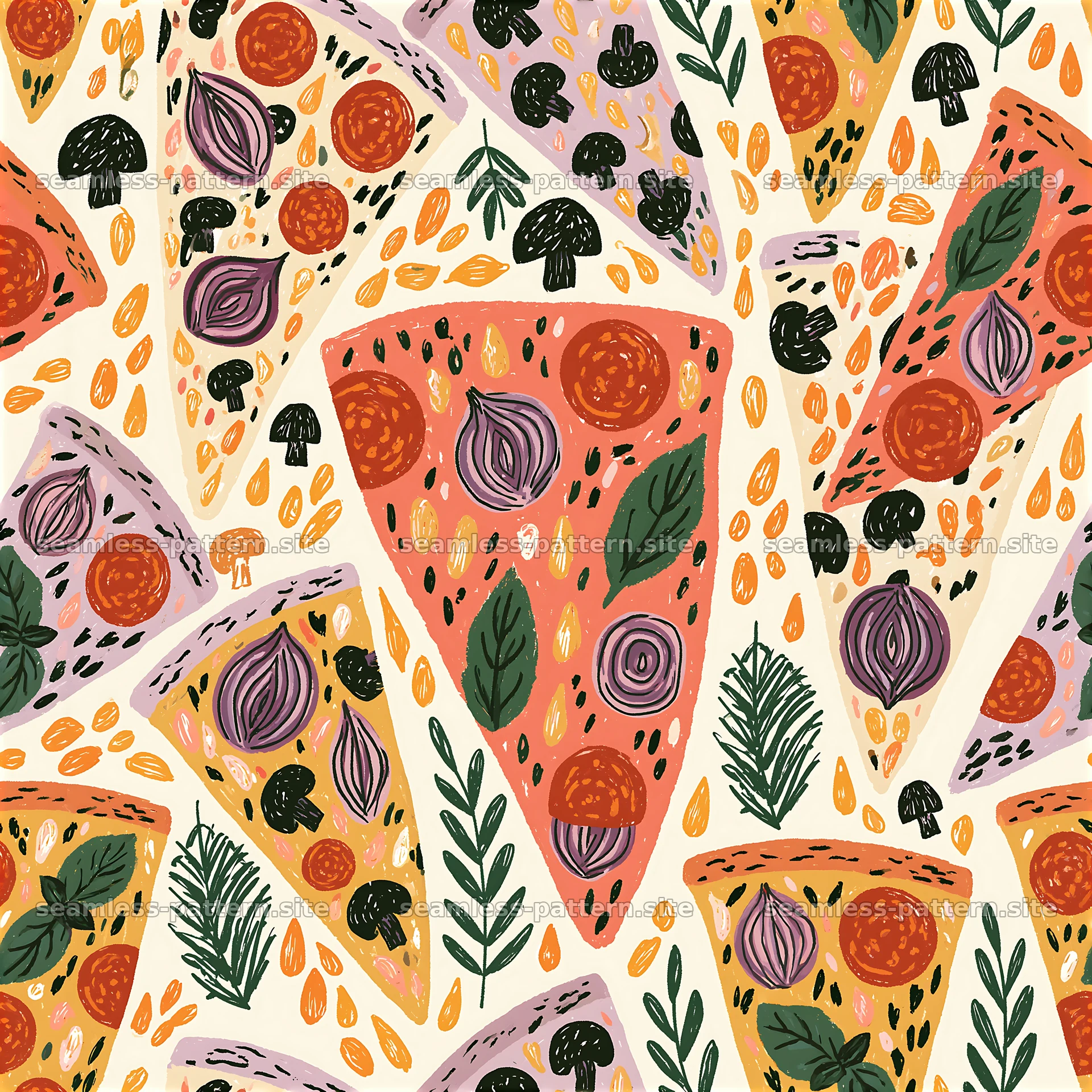 Seamless doodle pizza pattern with colorful slices and toppings — seamless tileable pattern at 8192x8192