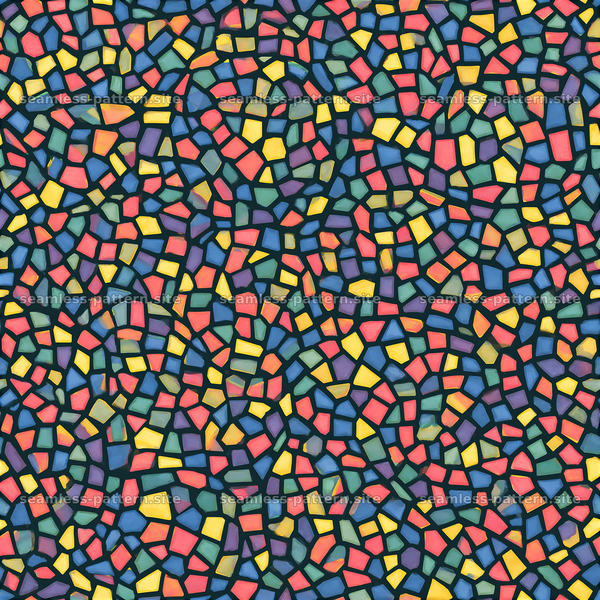 Bright abstract mosaic shapes repeat pattern on dark background — seamless tileable pattern at 8192x8192