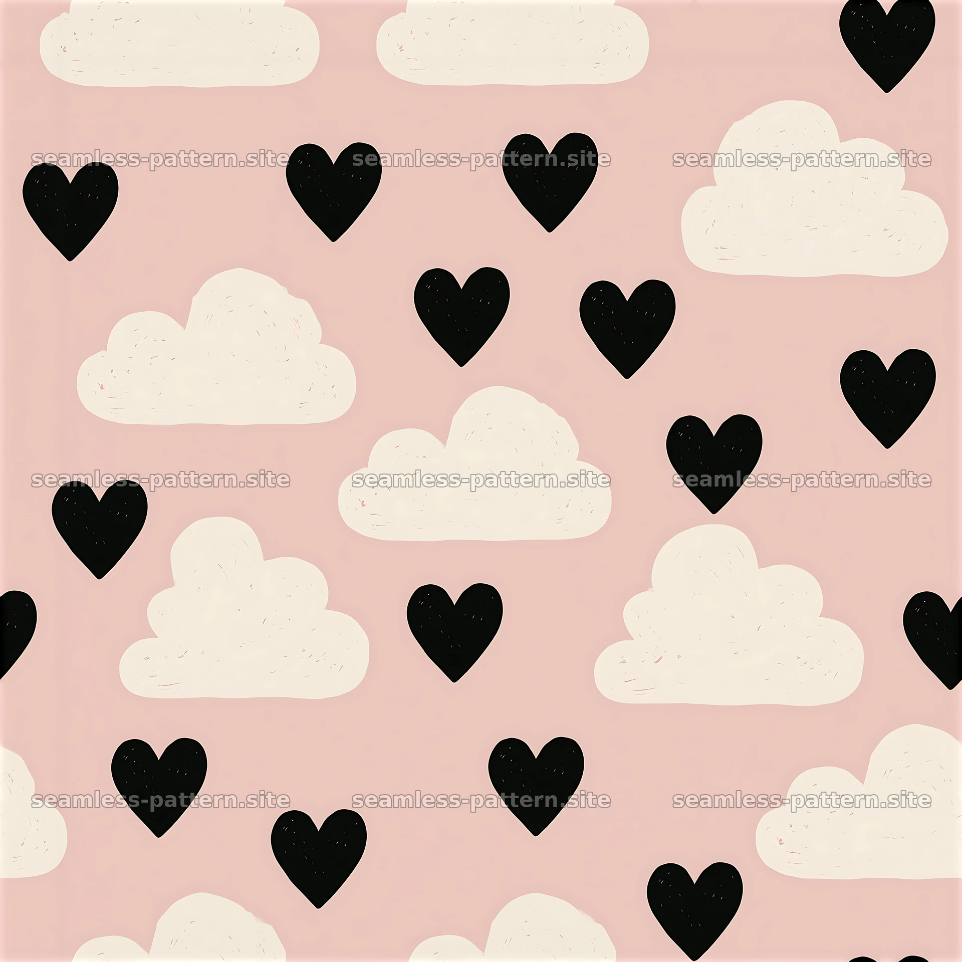 Seamless pattern of black hearts and clouds on a pink background — seamless tileable pattern at 8192x8192