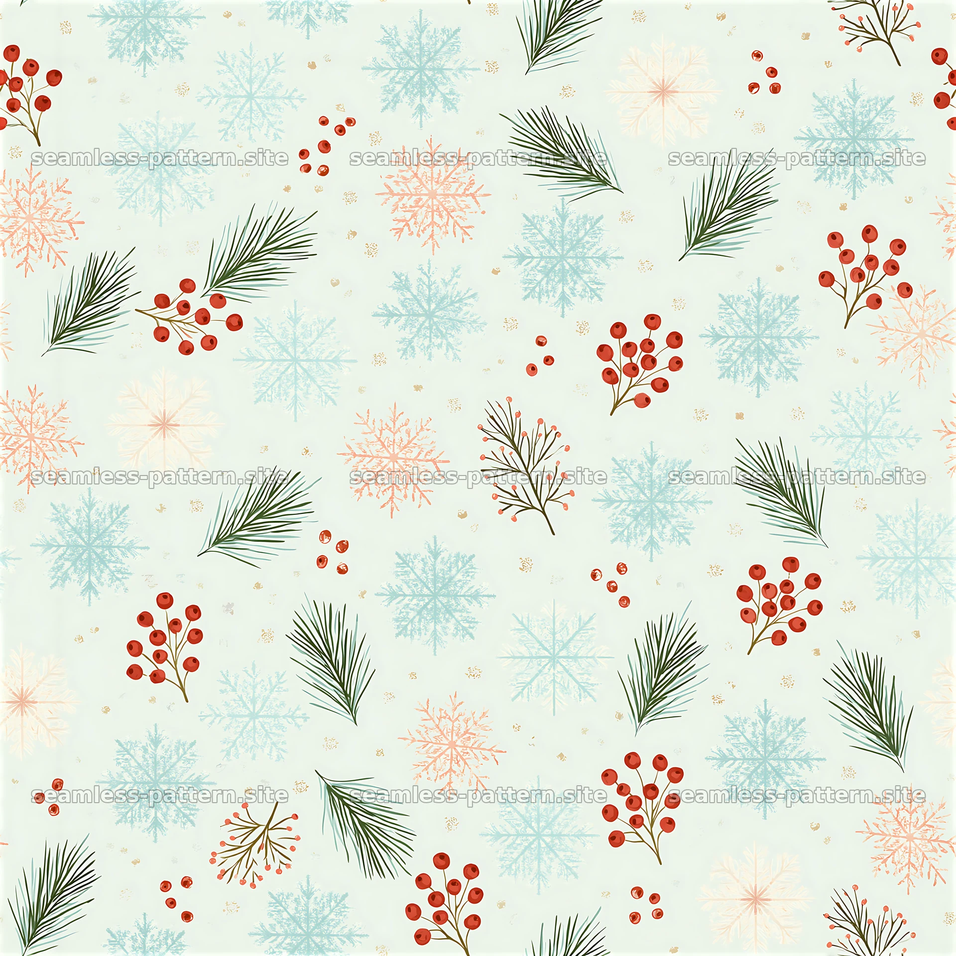 Seamless Vintage Christmas Pattern with Snowflakes and Pine — seamless tileable pattern at 8192x8192