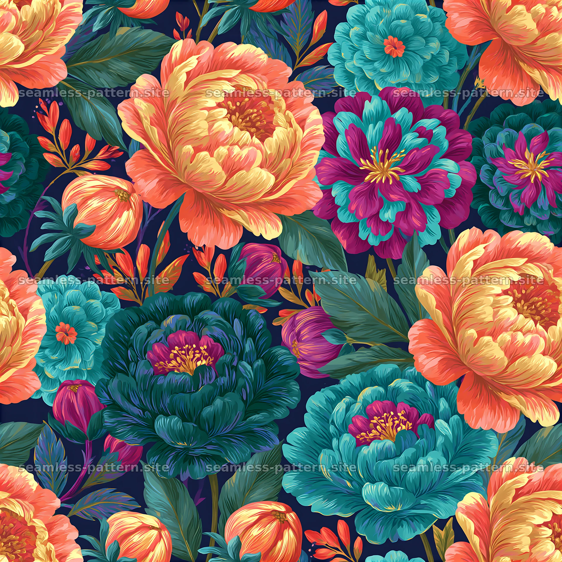 Rainbow floral repeat pattern with vibrant flowers and leaves — seamless tileable pattern at 8192x8192