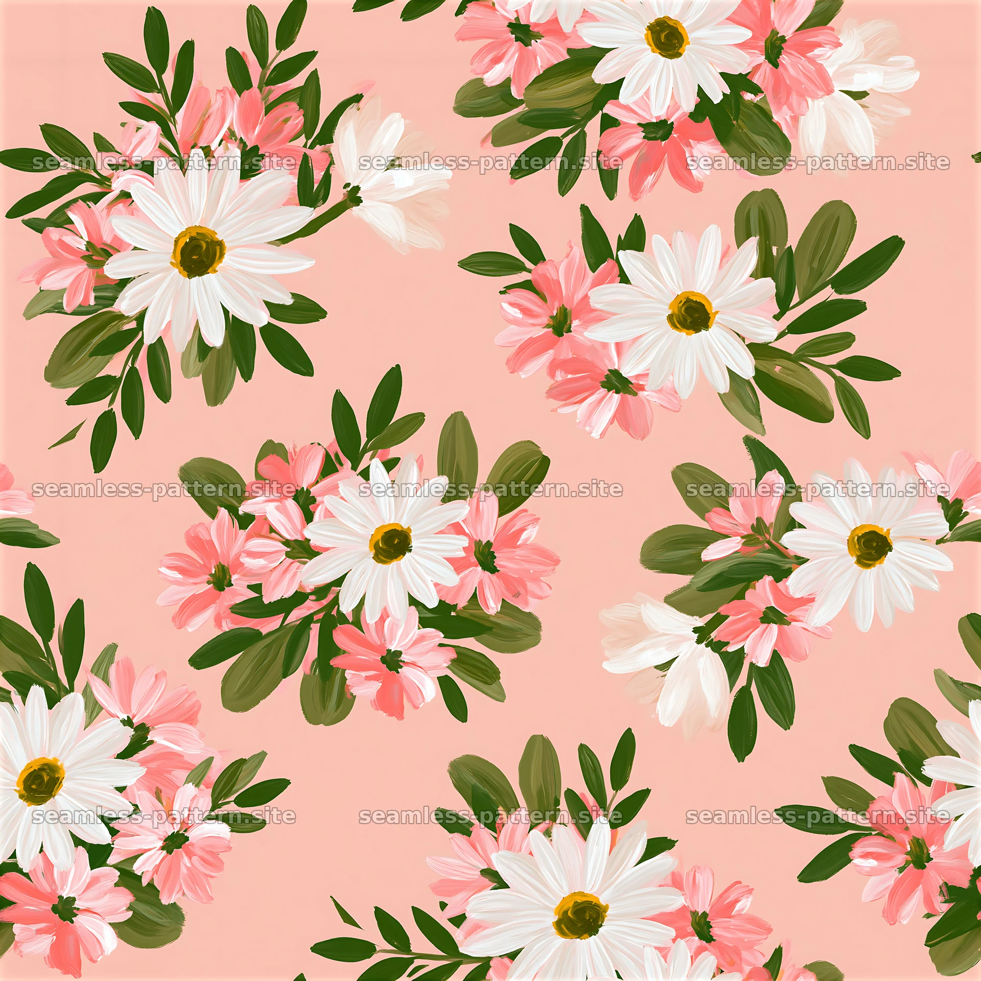 Bright hand-painted flowers seamless pattern with pink and white shades — seamless tileable pattern at 8192x8192