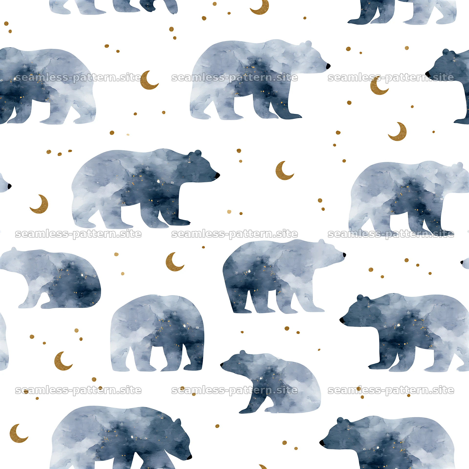 Seamless watercolor bear pattern with navy blue bears and gold accents — seamless tileable pattern at 8192x8192