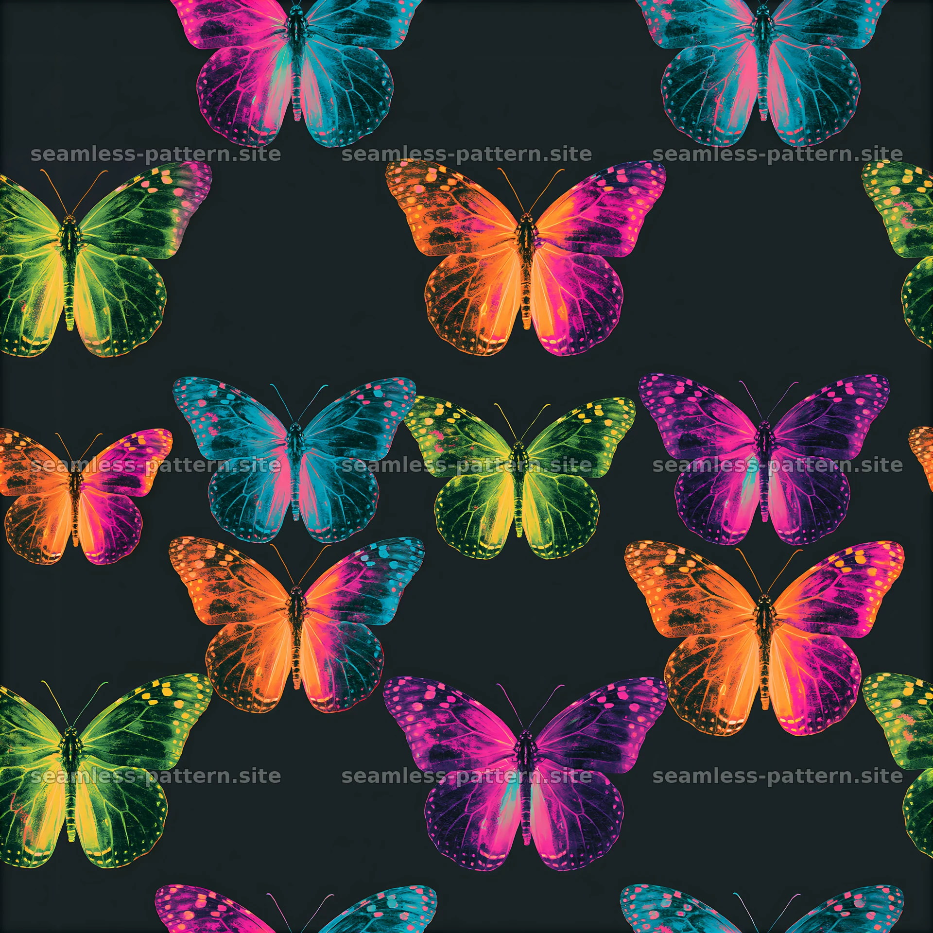 Vibrant butterflies seamless pattern in bright colors on dark — seamless tileable pattern at 8192x8192