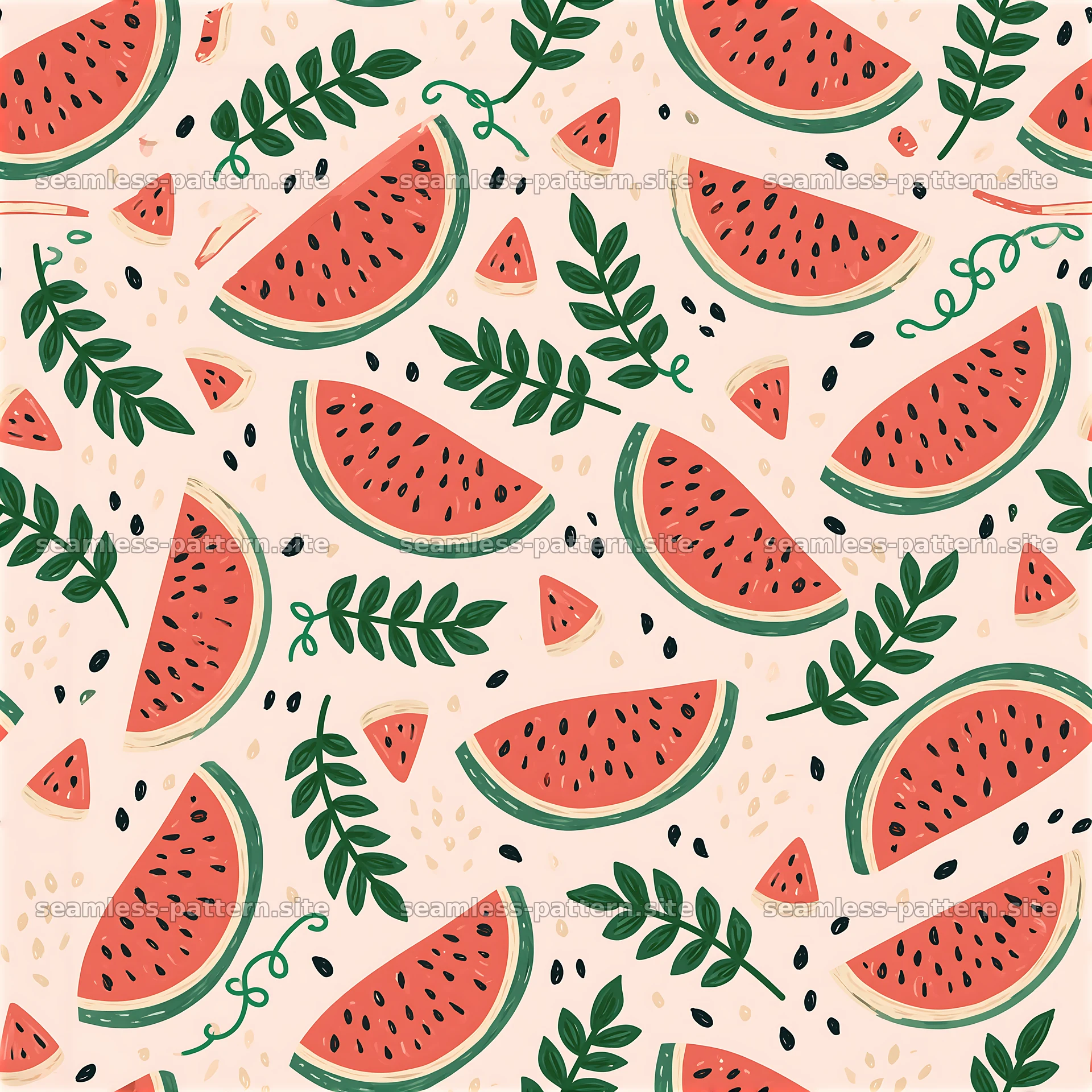 Cute watermelon seamless pattern with slices and greenery design — seamless tileable pattern at 8192x8192