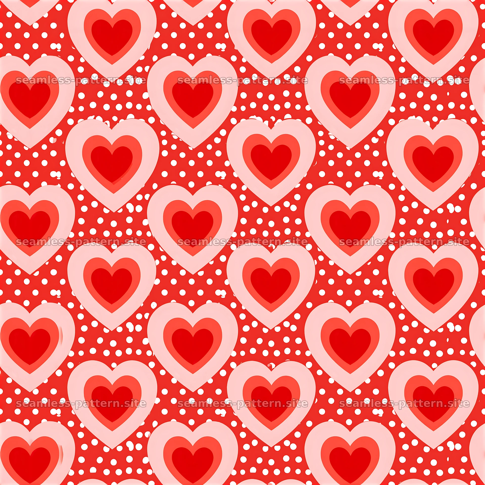Colorful seamless heart pattern on a bright red background — seamless tileable pattern at 8192x8192