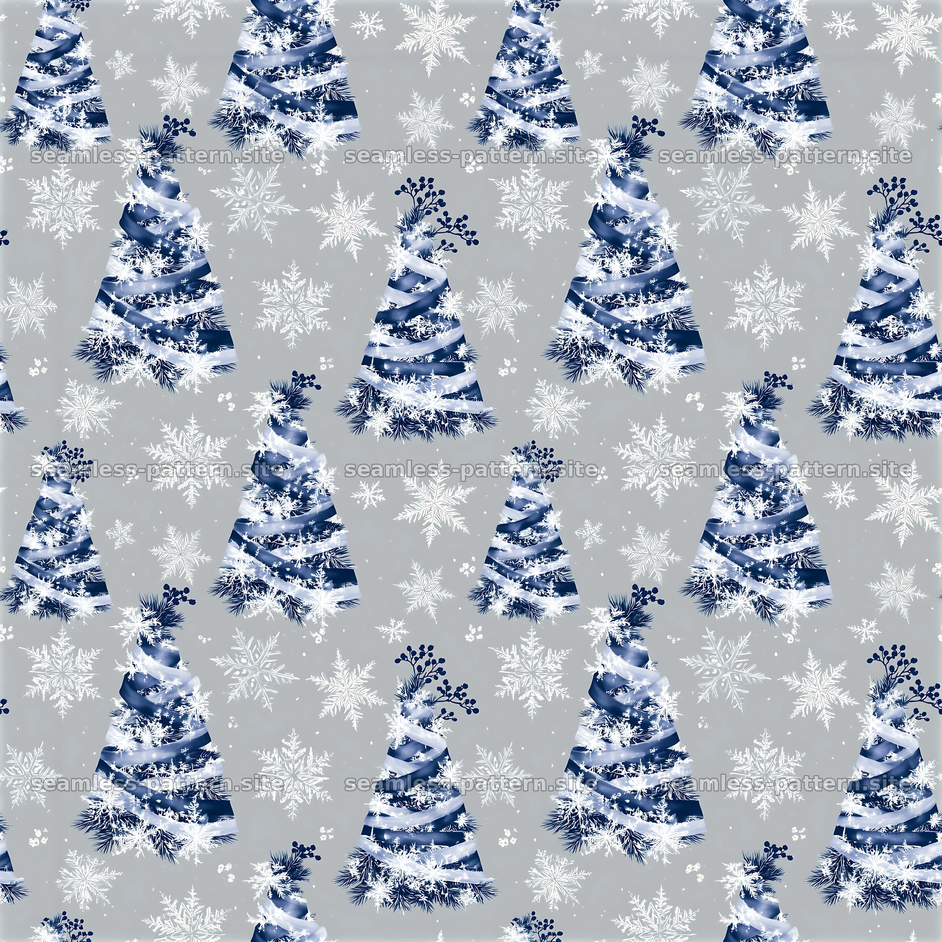 Blue ribbon-wrapped Christmas tree and snowflake pattern — seamless tileable pattern at 8192x8192