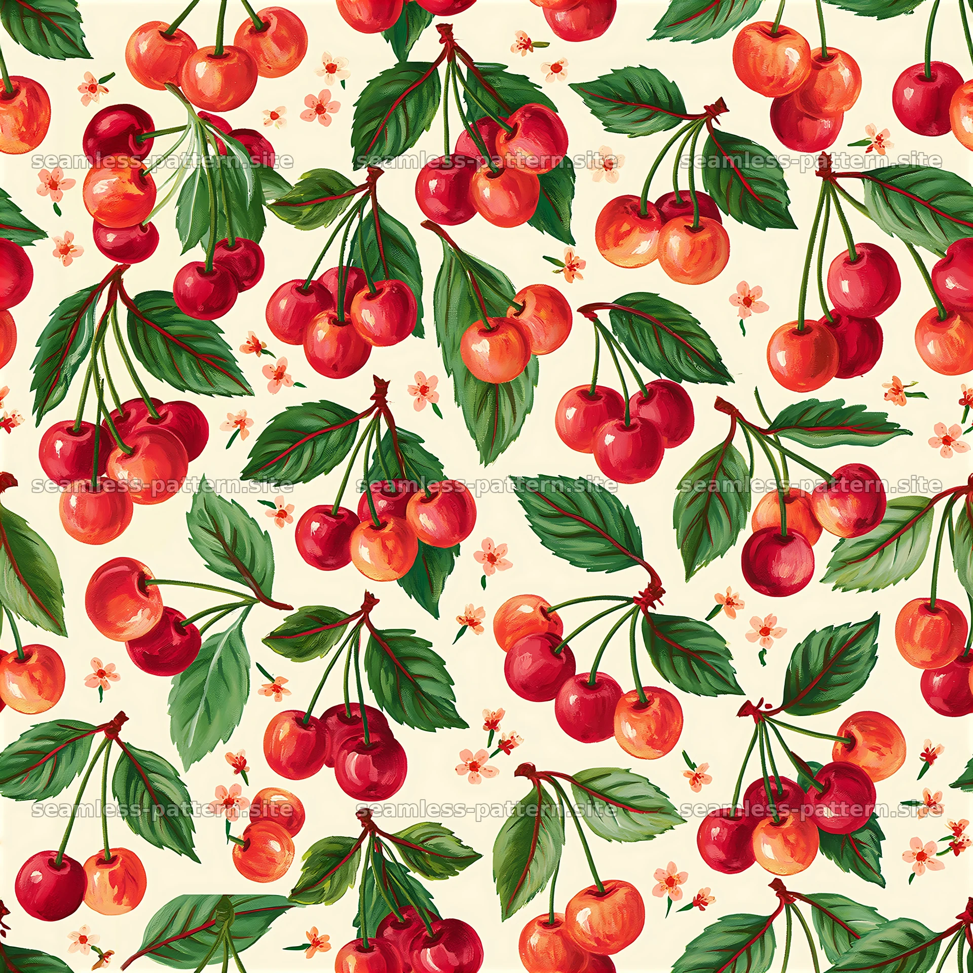 Colorful cherry seamless pattern with red cherries and green leaves — seamless tileable pattern at 8192x8192