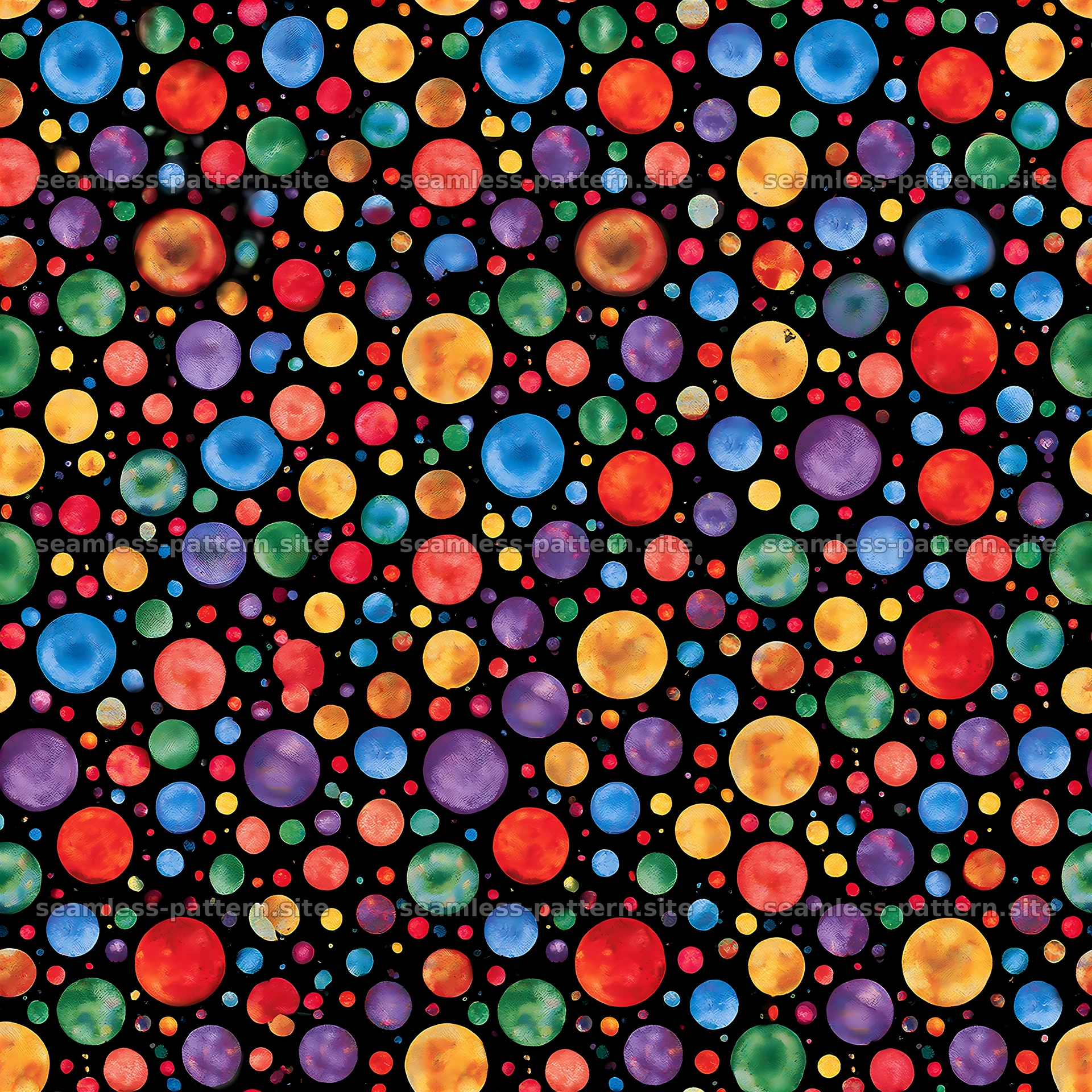 Vibrant painted dots in a seamless layout on a black background — seamless tileable pattern at 8192x8192