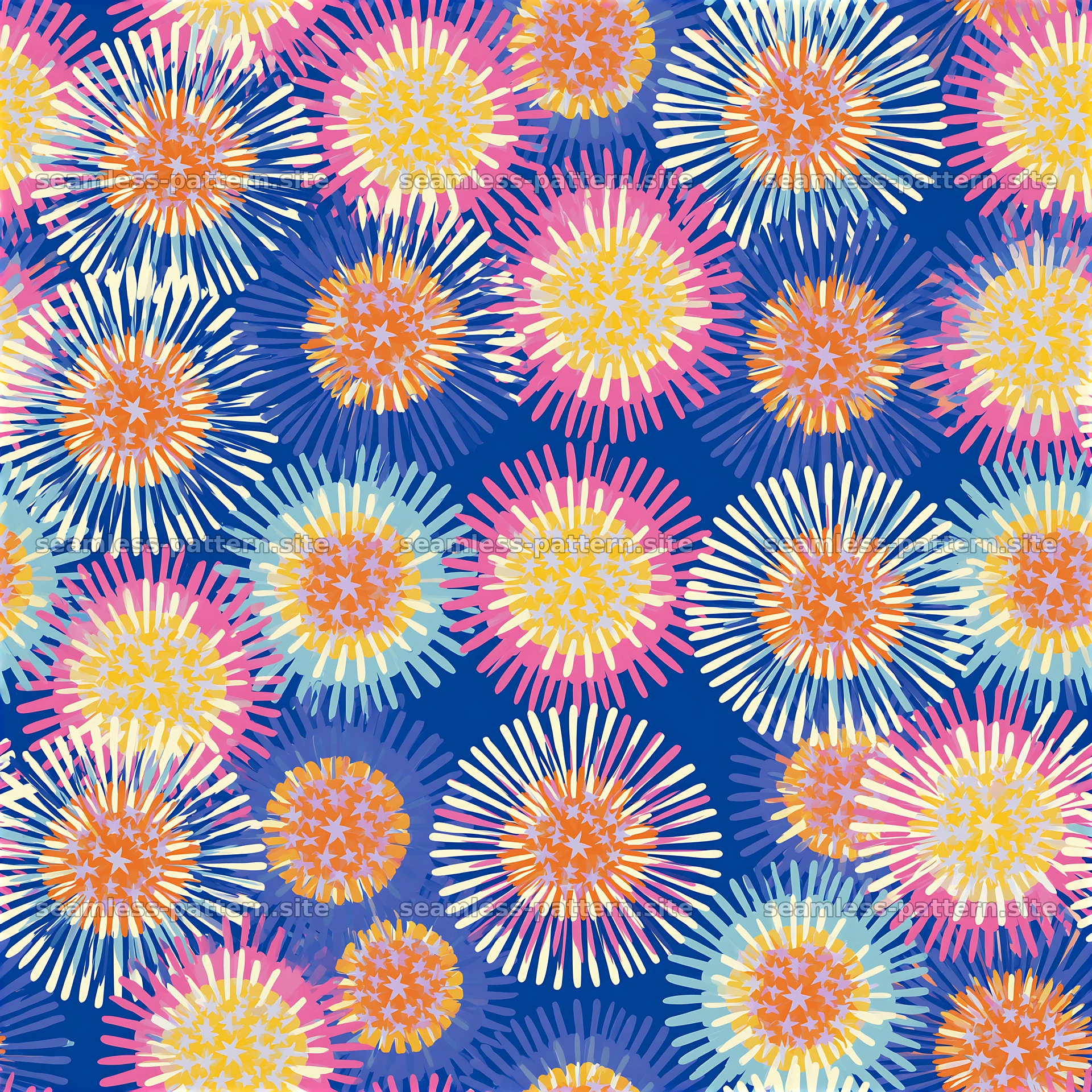 Colorful starburst floral pattern on blue — seamless tileable pattern at 8192x8192