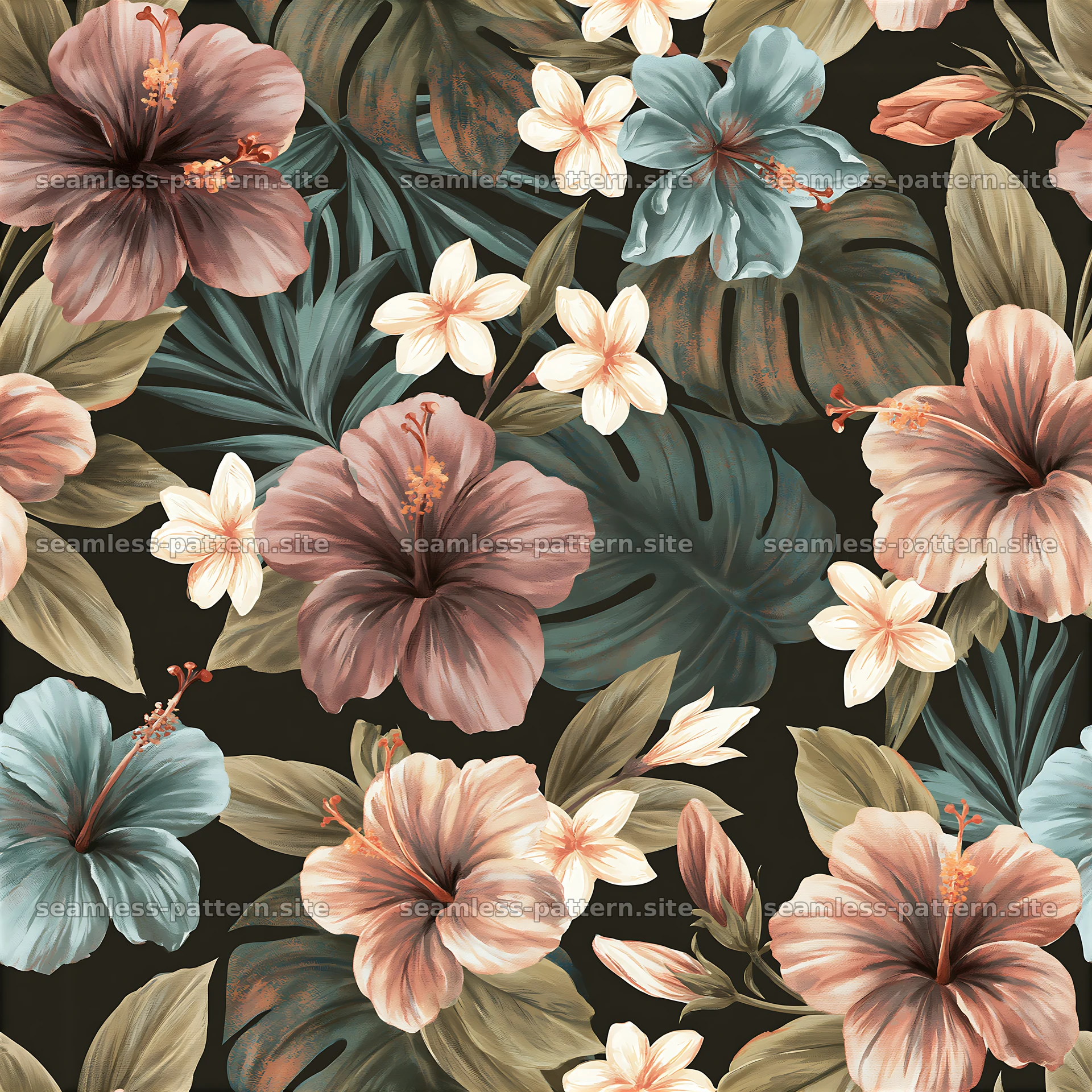 Tropical flower tileable pattern in dark background, seamless pattern design — seamless tileable pattern at 8192x8192