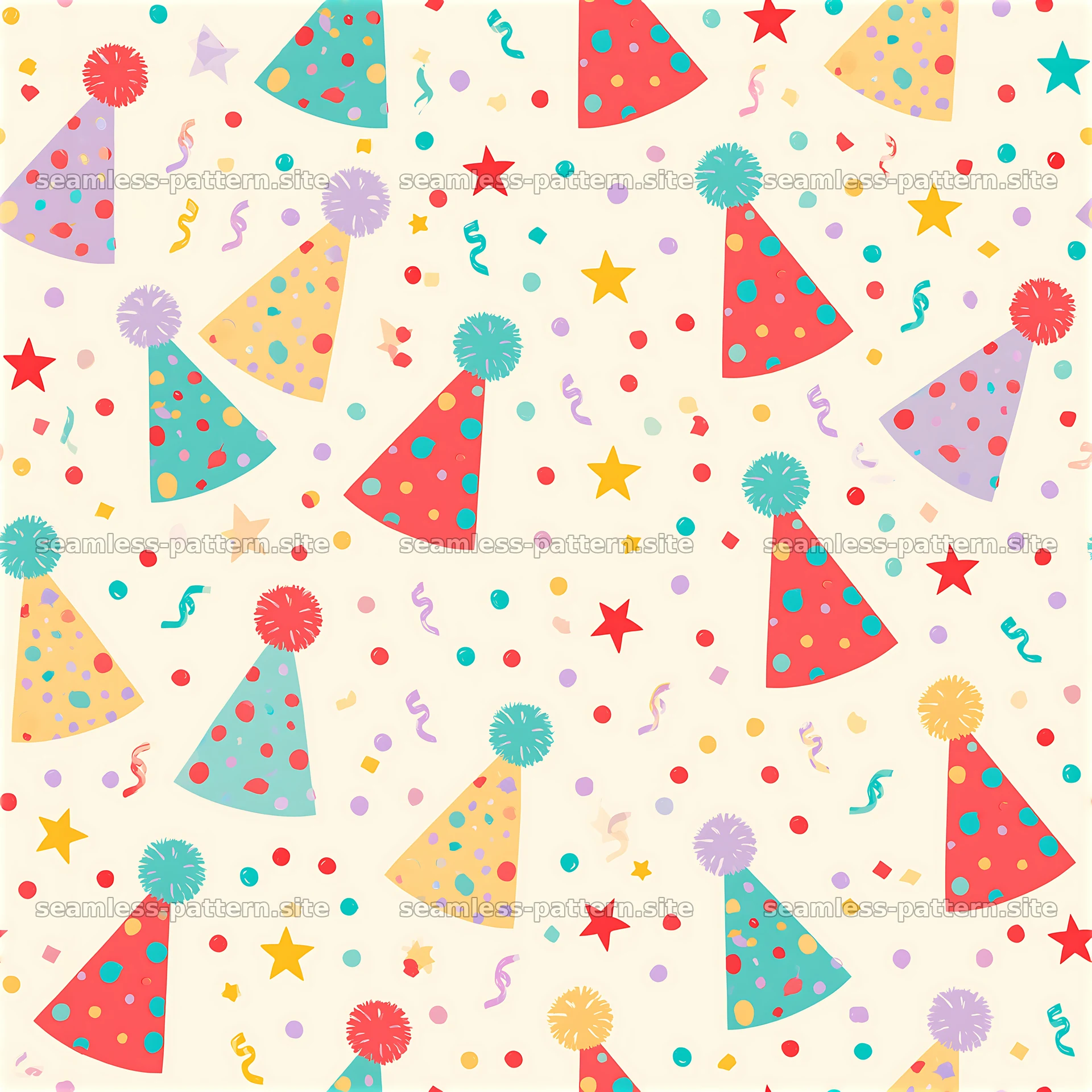 Birthday party hats seamless pattern for festive celebrations — seamless tileable pattern at 8192x8192