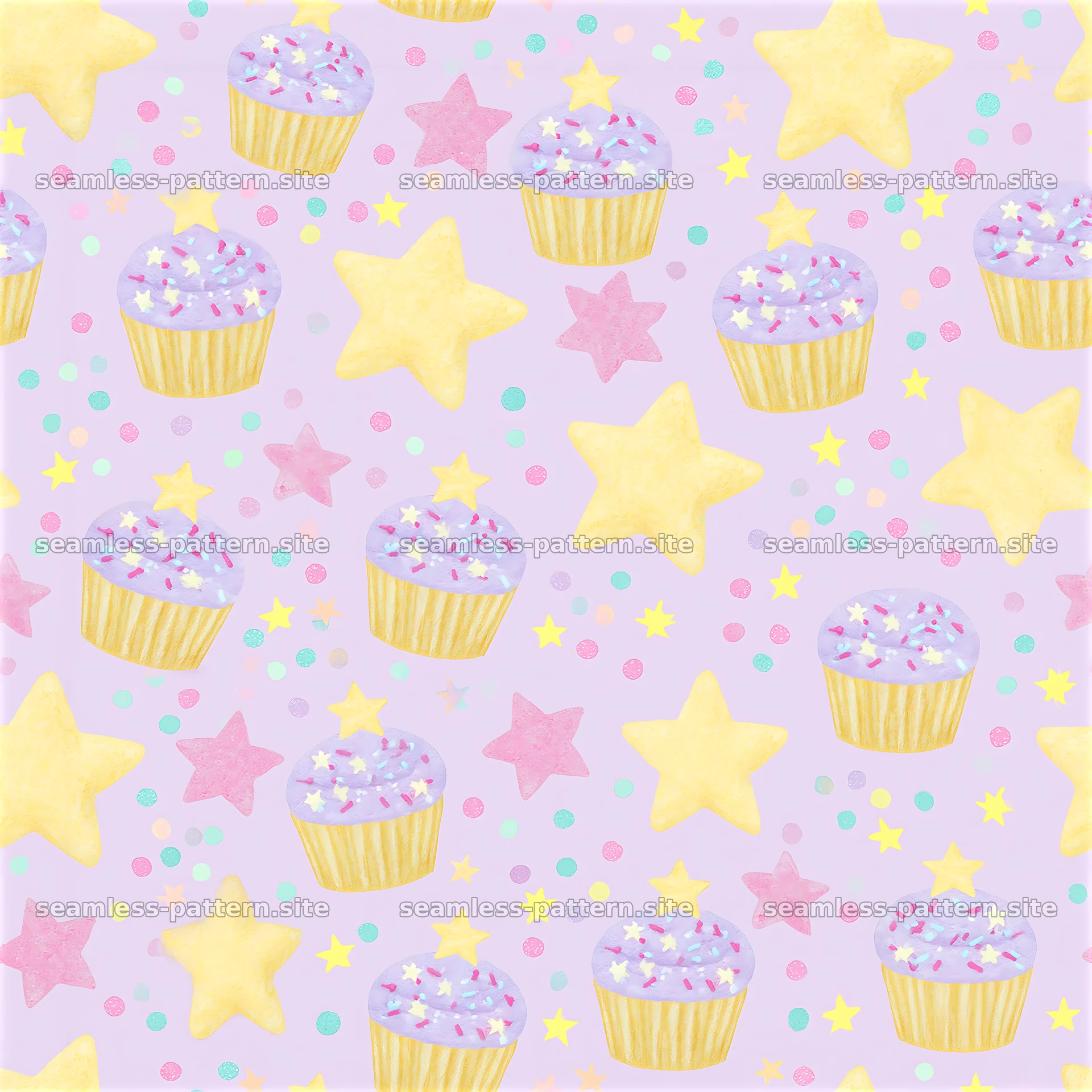Colorful cupcakes and stars seamless pattern for festive designs — seamless tileable pattern at 8192x8192