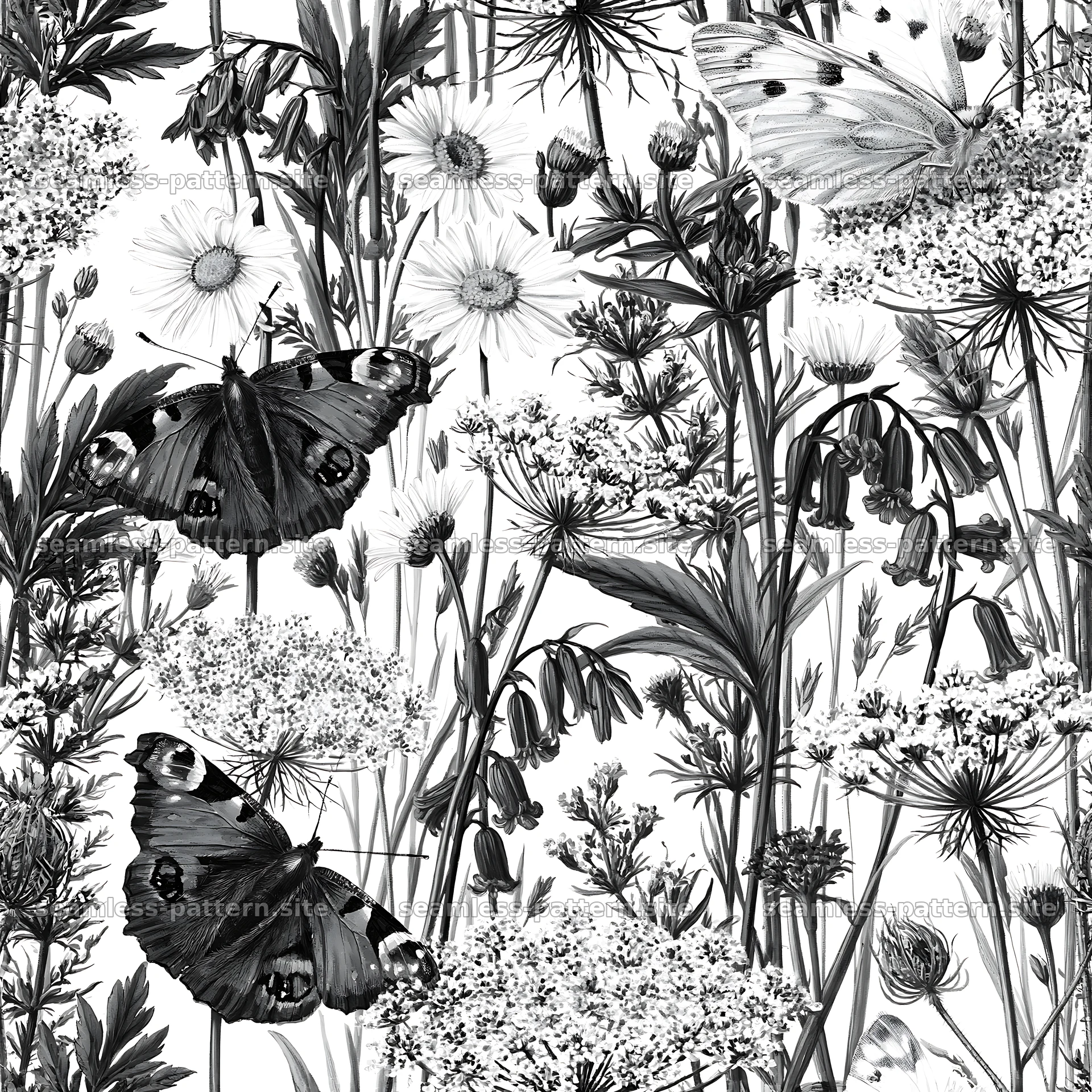 Butterfly and wildflower seamless pattern in black and white — seamless tileable pattern