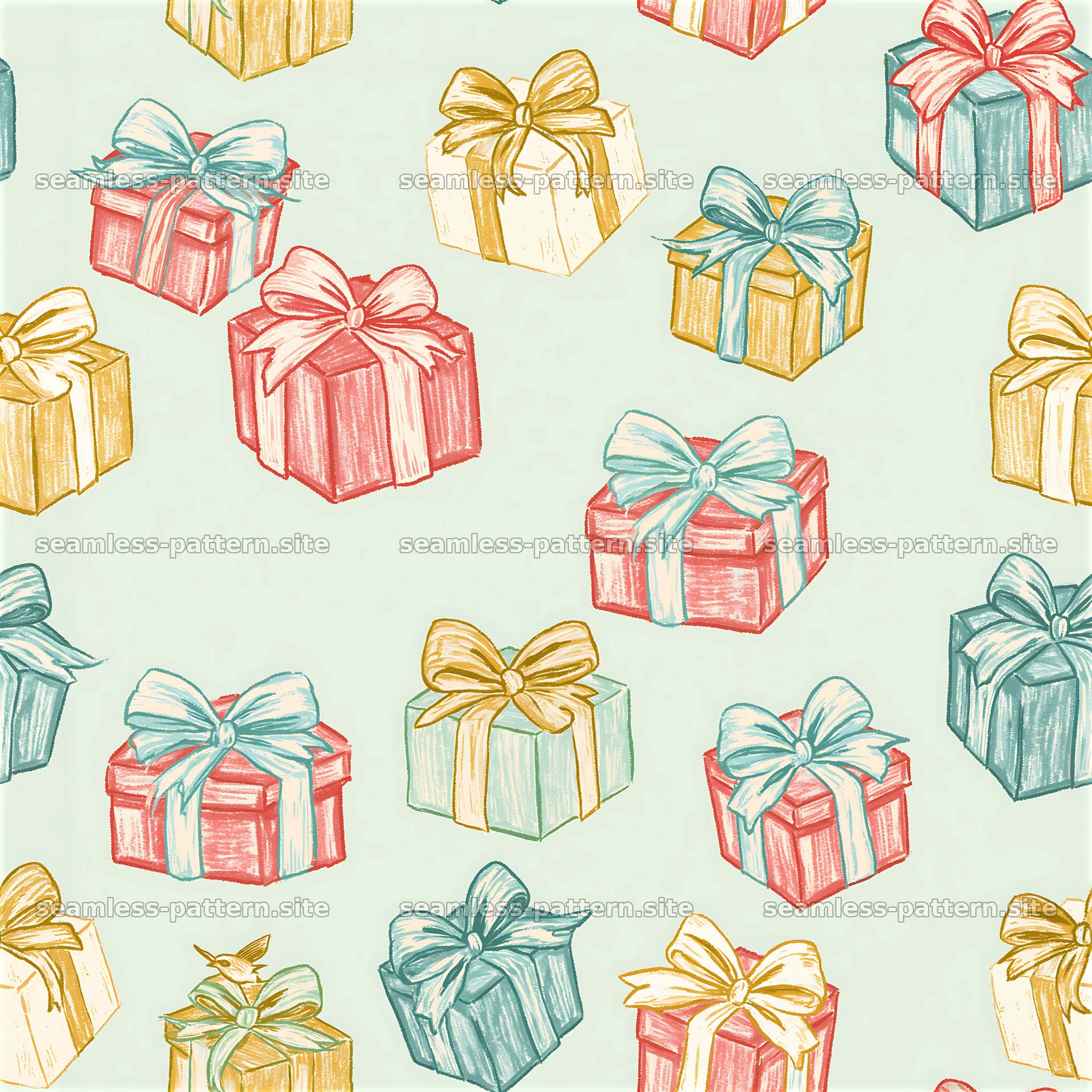 Colorful gift boxes with bows on a light background seamless pattern — seamless tileable pattern at 8192x8192