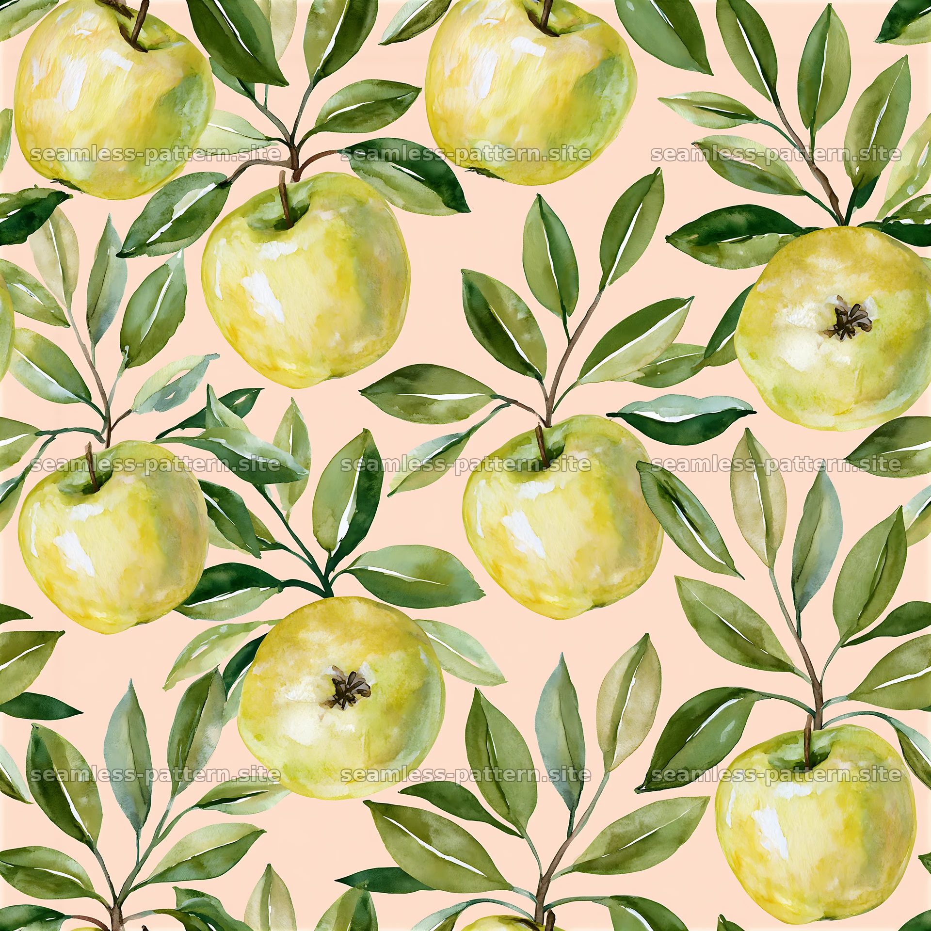 Seamless watercolor apple pattern with green leaves for backgrounds — seamless tileable pattern at 8192x8192