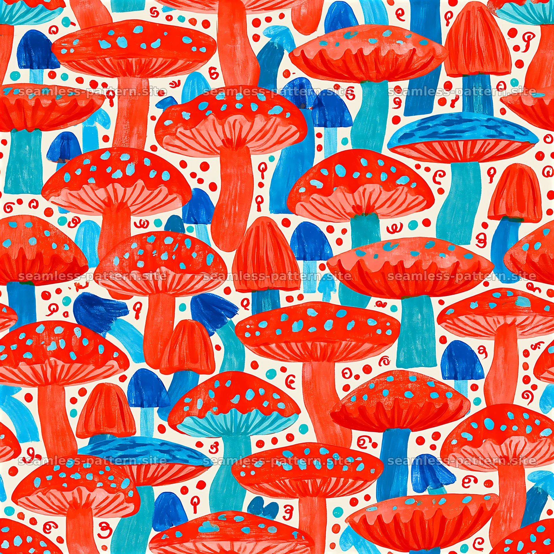 Colorful mushrooms pattern with blue and red elements — seamless tileable pattern at 8192x8192