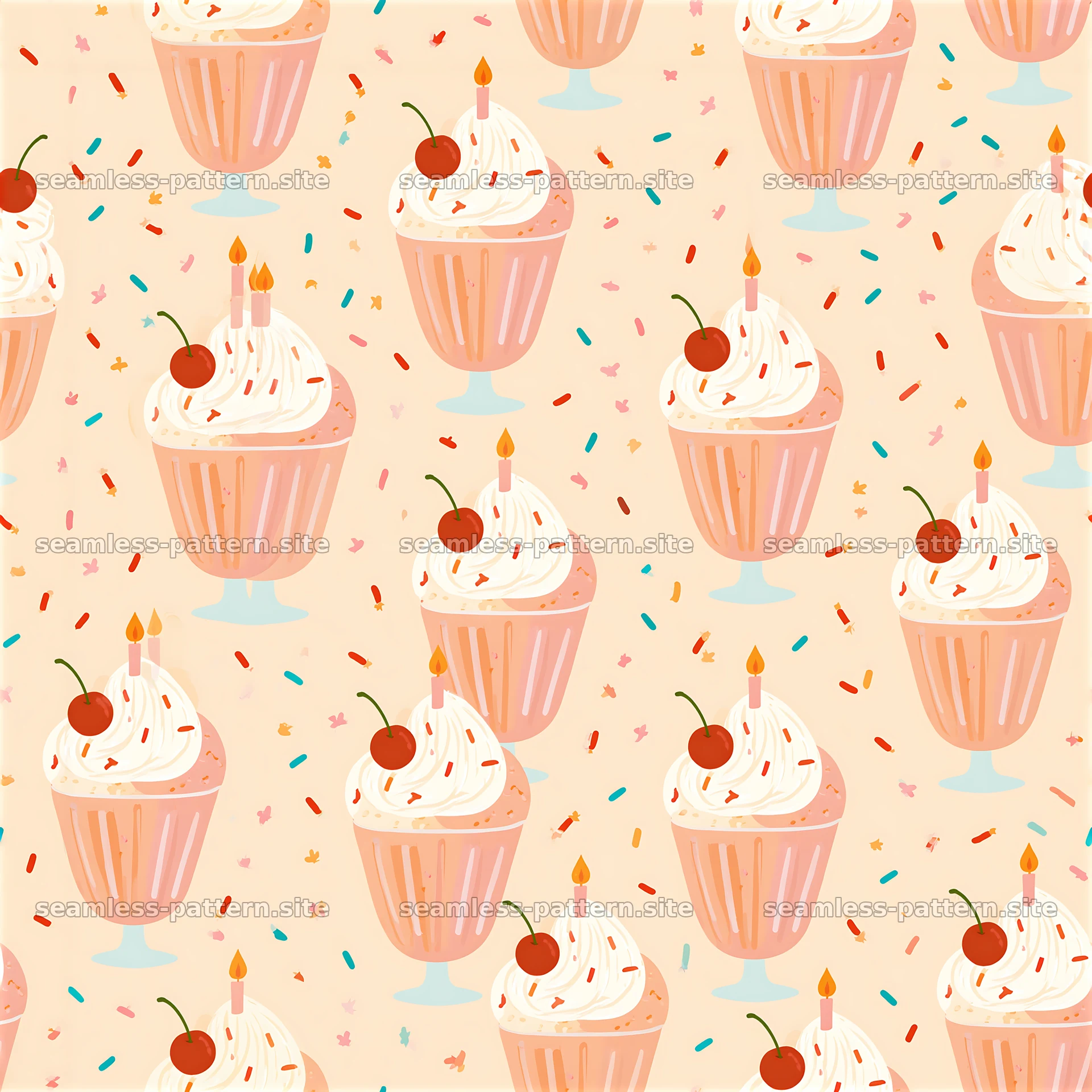 Birthday ice cream seamless pattern with cups and sprinkles — seamless tileable pattern at 8192x8192