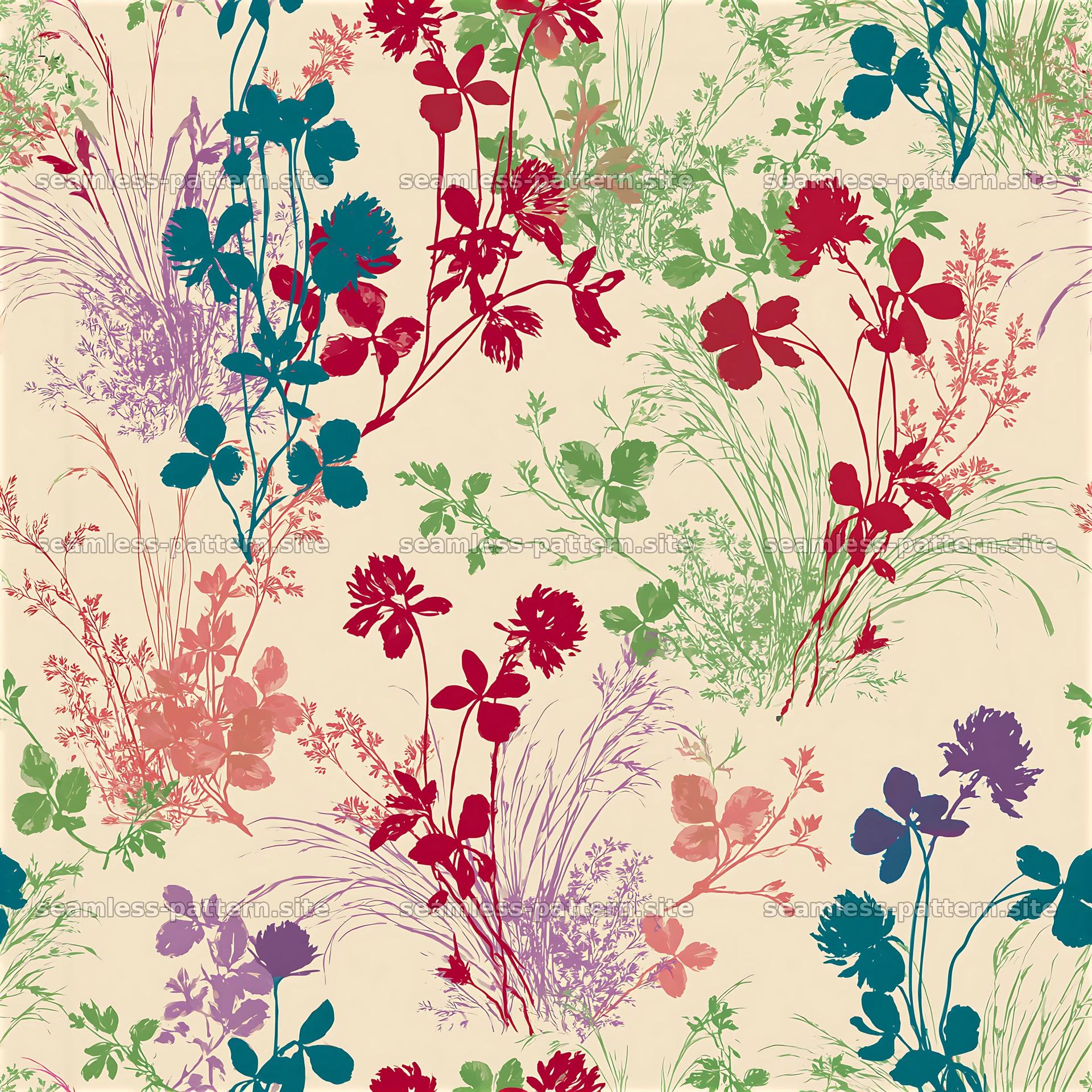 Vivid botanical silhouettes seamless pattern in bright colors — seamless tileable pattern at 8192x8192
