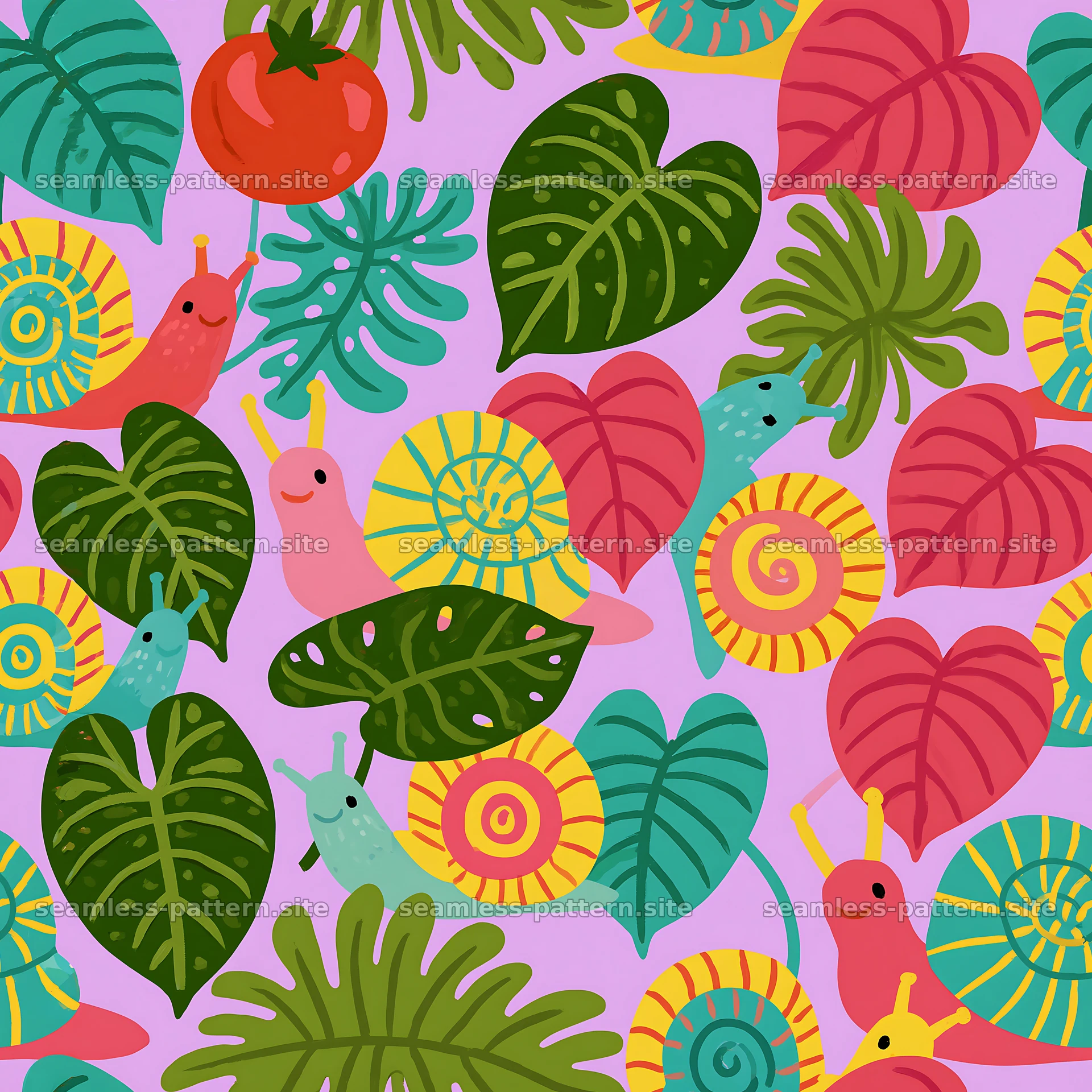 Seamless snail pattern with garden leaves — seamless tileable pattern