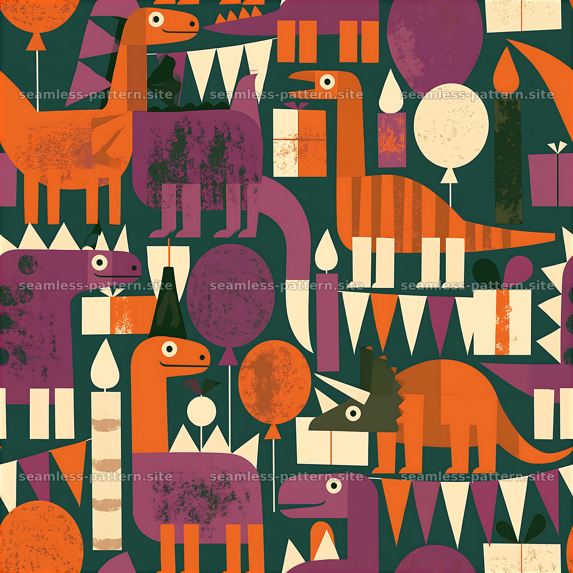 Colorful Dinosaurs and Birthday Decorations Seamless Pattern — seamless tileable pattern at 8192x8192