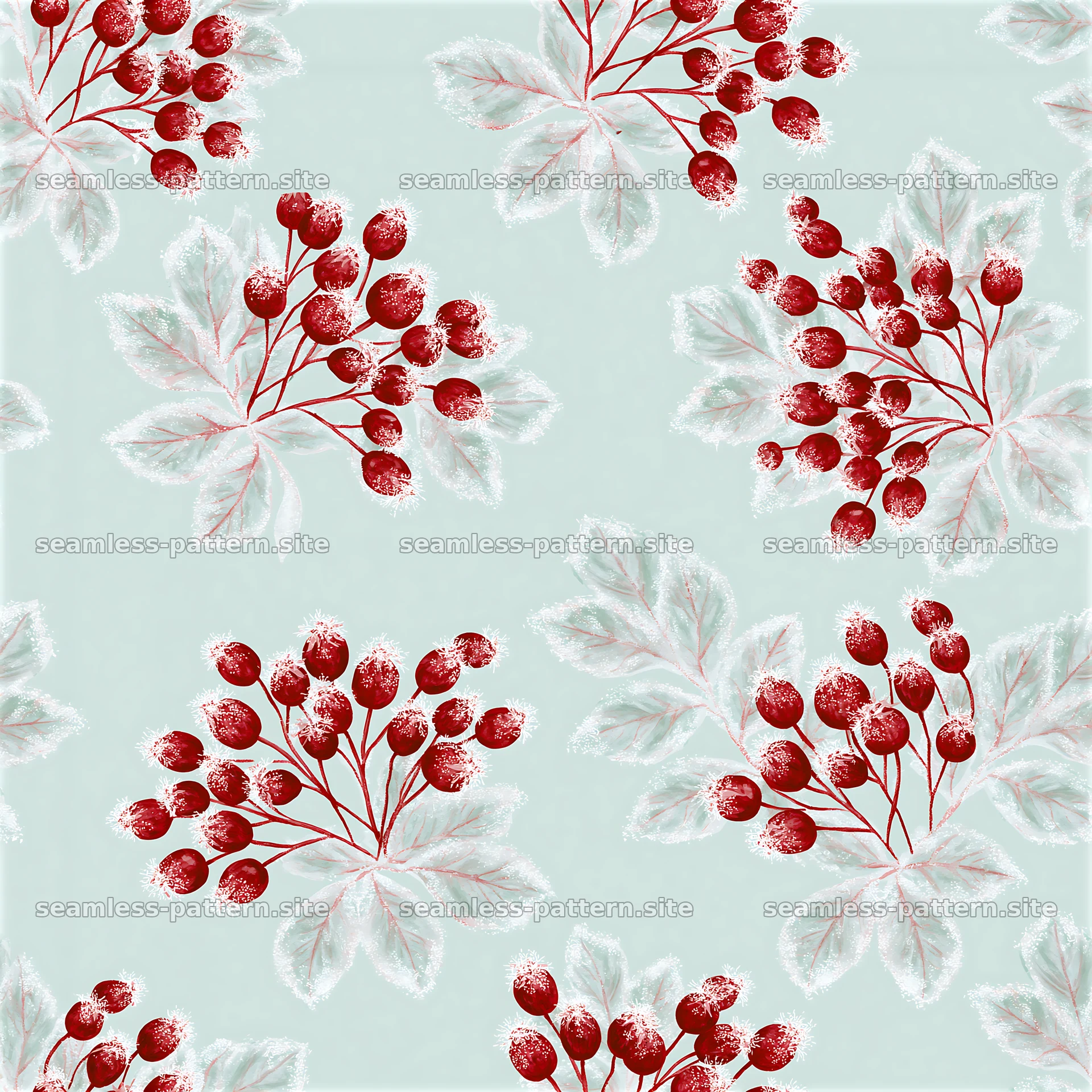 Red berry and leaf pattern on a light blue background — seamless tileable pattern at 8192x8192