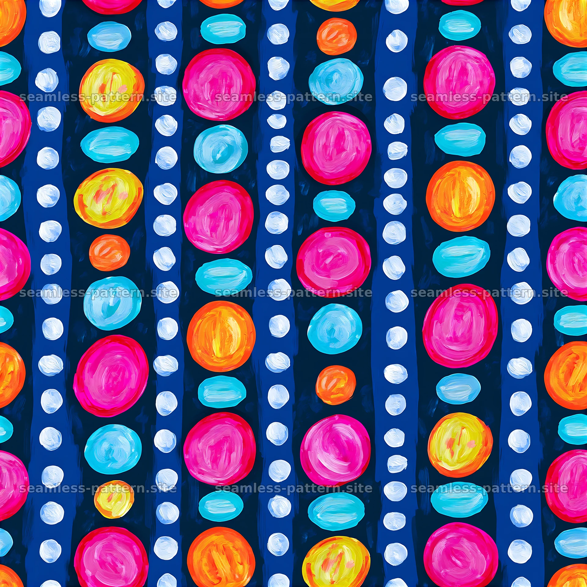 Colorful dots on a navy background create a playful design — seamless tileable pattern at 8192x8192