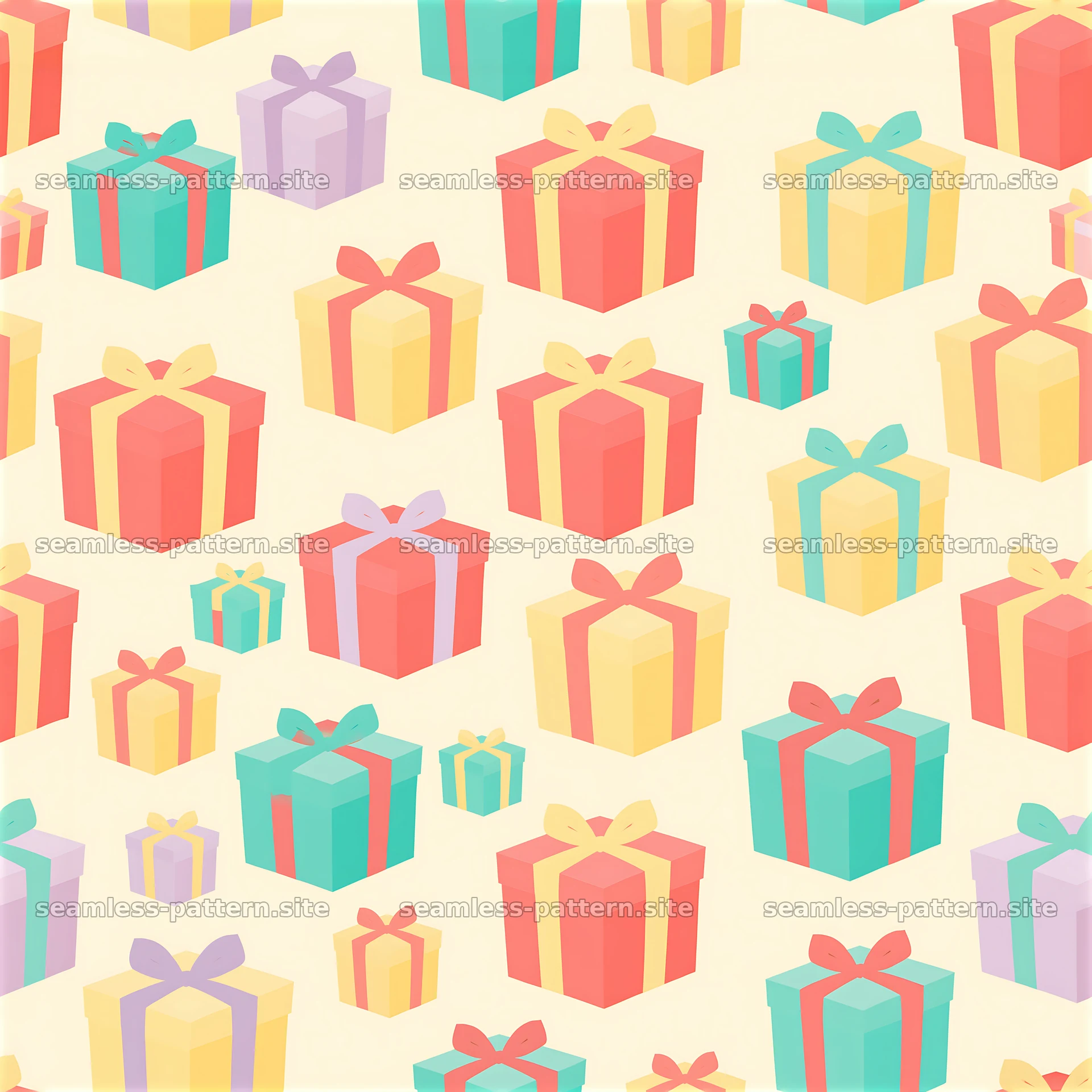 Seamless birthday presents pattern with colorful gift boxes on a light background — seamless tileable pattern at 8192x8192