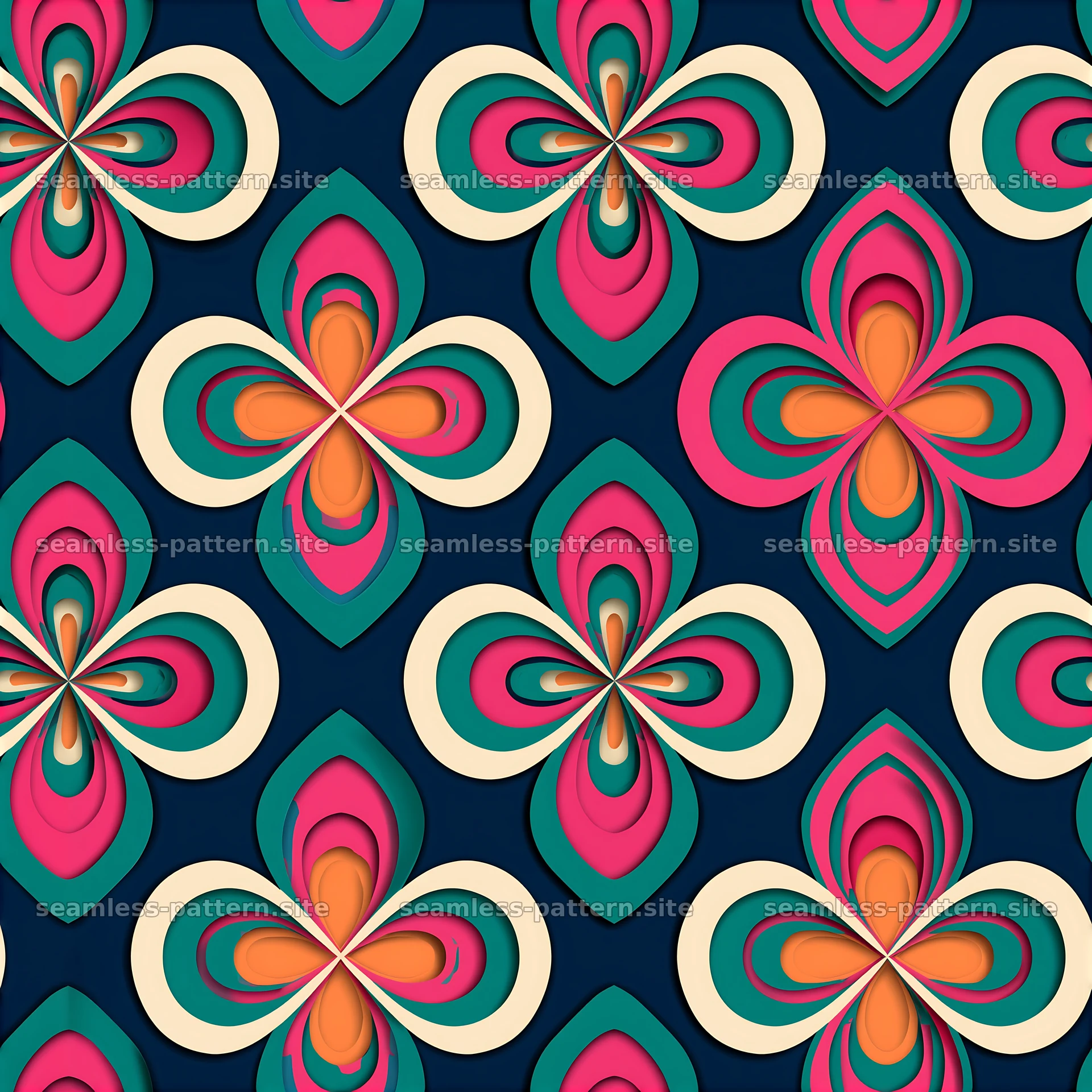 Colorful floral design with layered shapes in a dark background — seamless tileable pattern at 8192x8192