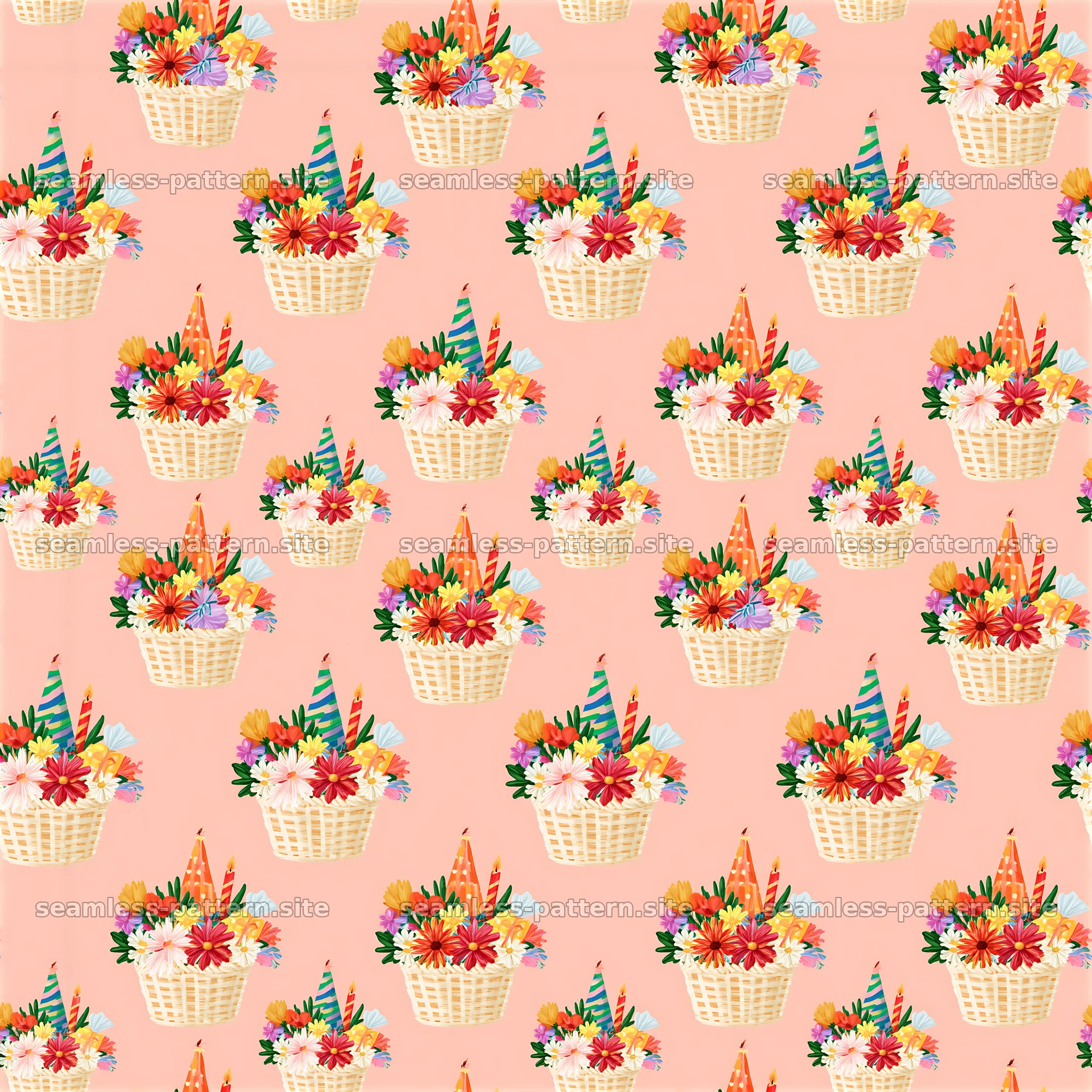 Repeat pattern with birthday gift baskets seamless pattern design — seamless tileable pattern at 8192x8192