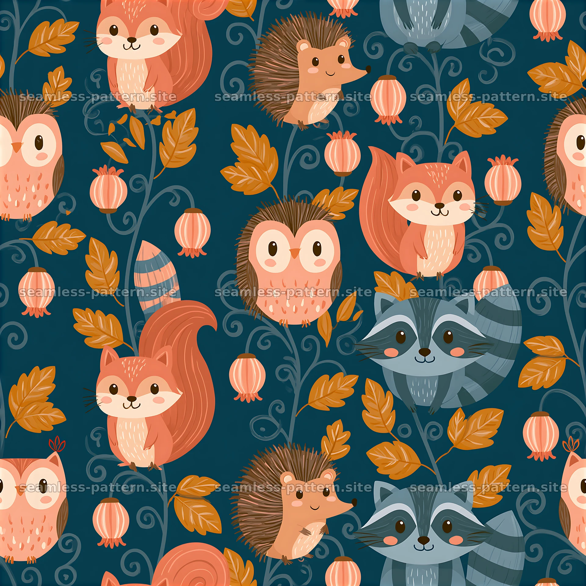 Whimsical woodland creature seamless pattern for kids with playful animals — seamless tileable pattern at 8192x8192