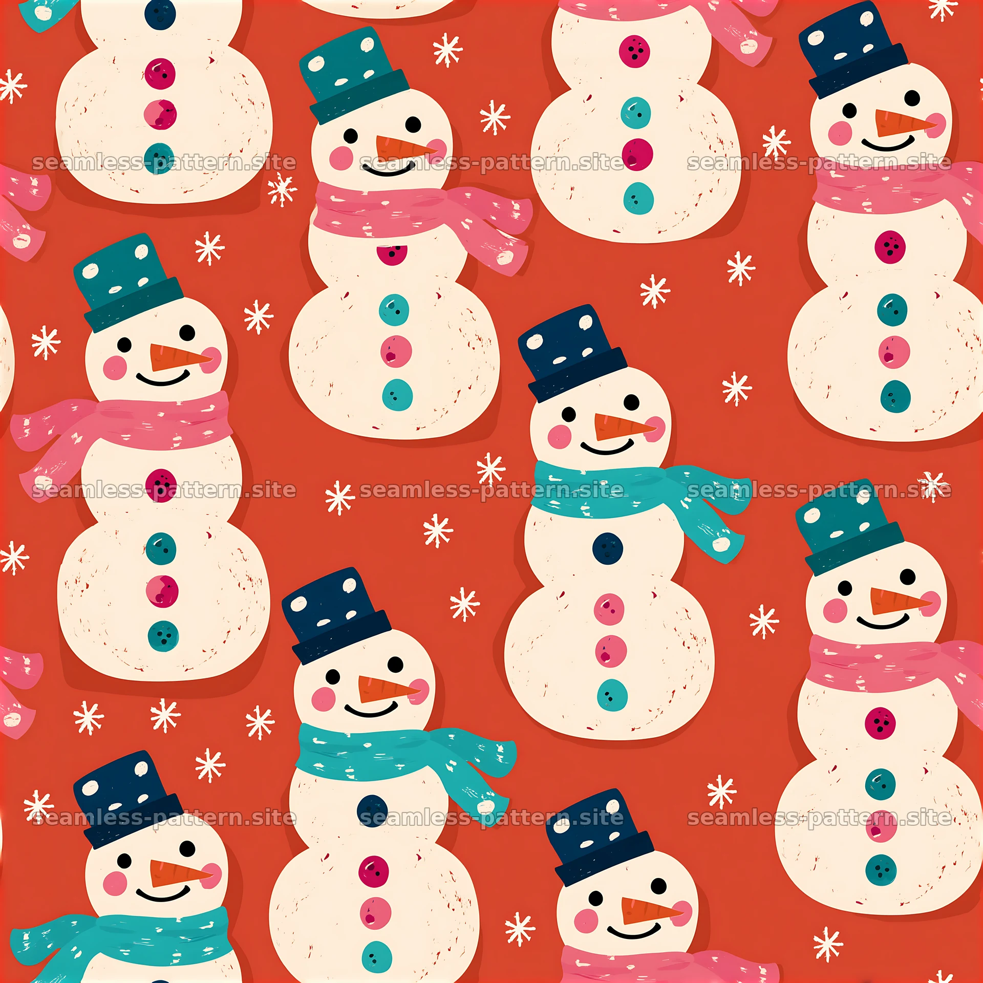Cute Snowman Seamless Pattern with Snowflakes — seamless tileable pattern at 8192x8192