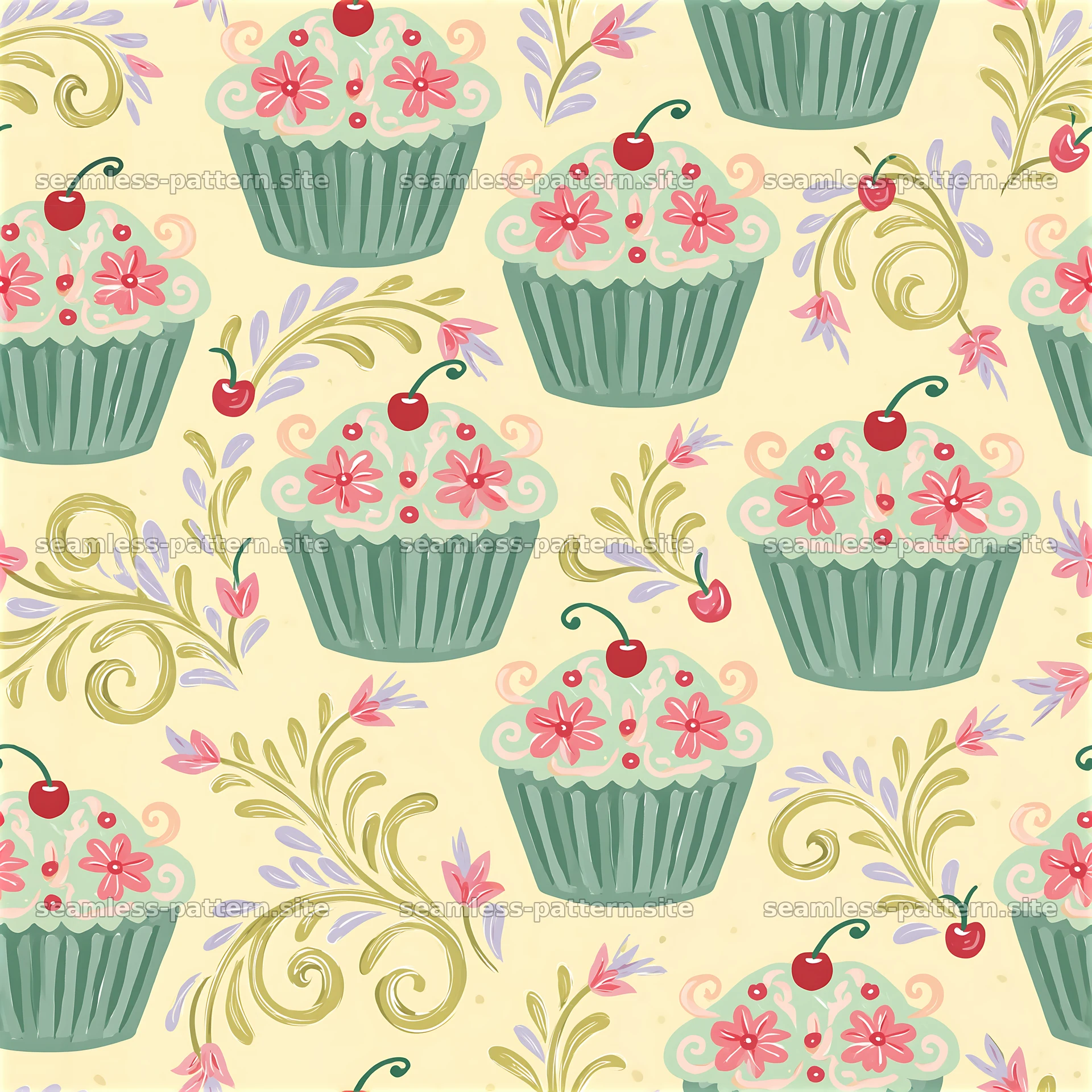 Pastel floral romantic cupcake pattern — seamless tileable pattern at 8192x8192