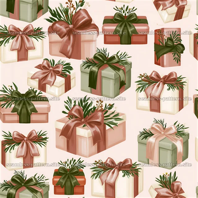 Gift boxes with bows and botanical branches seamless pattern — seamless tileable pattern