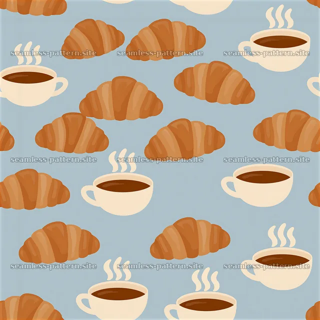 Pattern of croissants and coffee cups with steam on a blue background — seamless tileable pattern