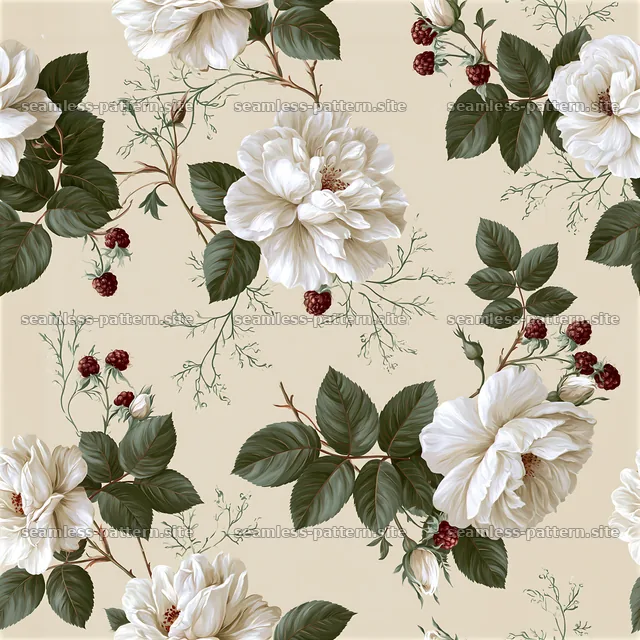 Rose repeat pattern with white roses and dark berries on beige — seamless tileable pattern