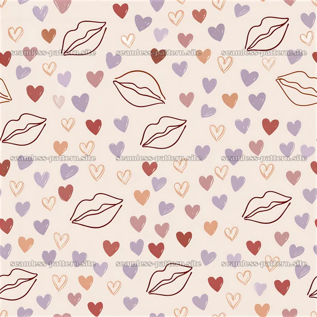 Seamless pattern with outlined lips and heart confetti — seamless tileable pattern