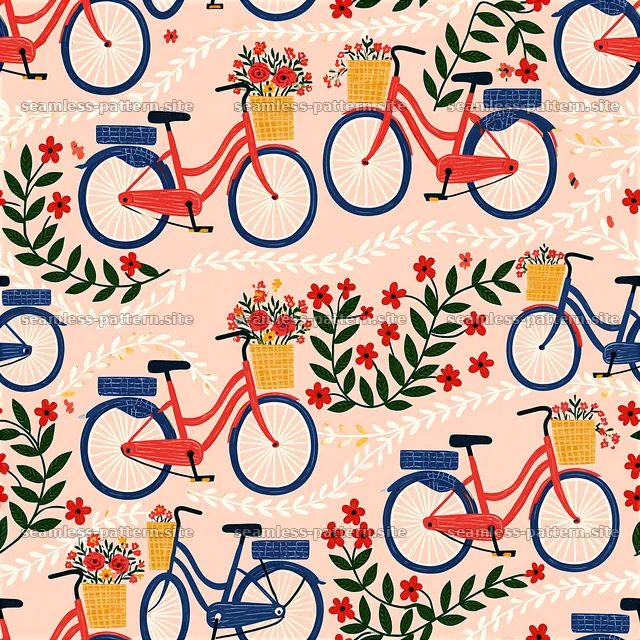 Colorful vintage bicycle and floral seamless pattern — seamless tileable pattern