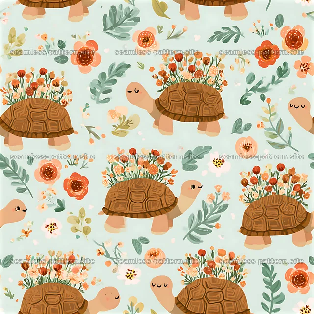 Cute turtle seamless pattern with flowers on turtle shells — seamless tileable pattern
