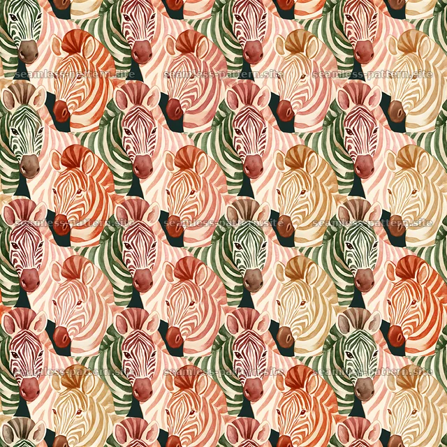 Colorful Zebra Seamless Pattern with Watercolor Animal Heads — seamless tileable pattern