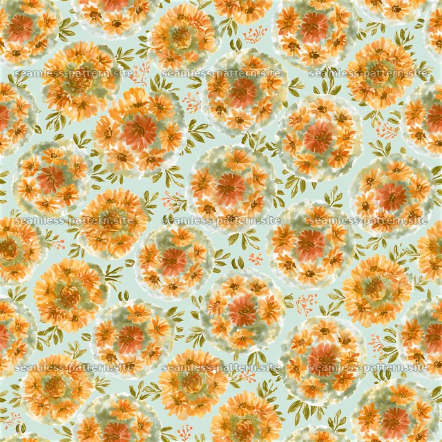 Repeating watercolor flower medallion pattern in orange and green — seamless tileable pattern