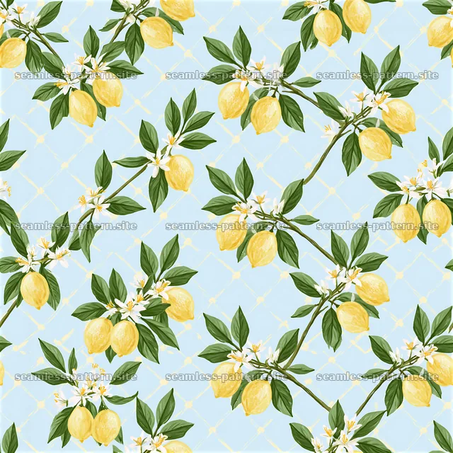 Cute lemon seamless pattern with yellow lemons and green leaves — seamless tileable pattern
