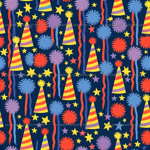 Colorful party hat seamless pattern with stars and decorations — seamless tileable pattern