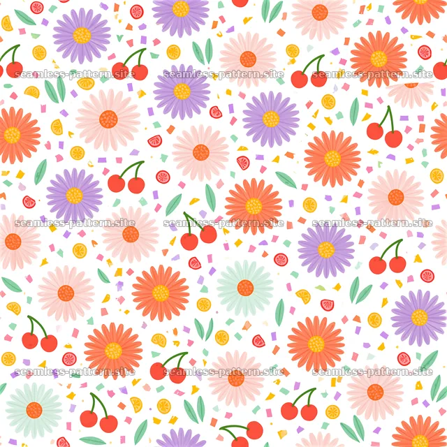 Colorful floral and fruit seamless pattern on white background — seamless tileable pattern