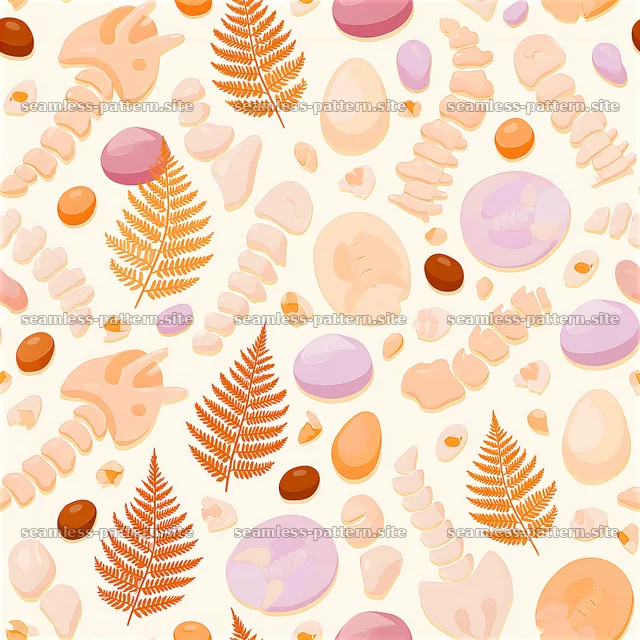 Fossil design with fern and stones in soft colors — seamless tileable pattern