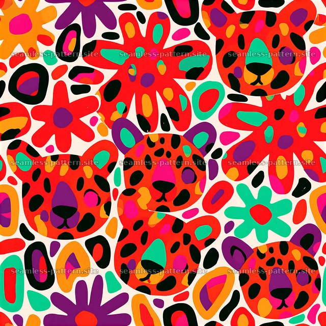 Colorful leopard design with flowers in a seamless pattern — seamless tileable pattern